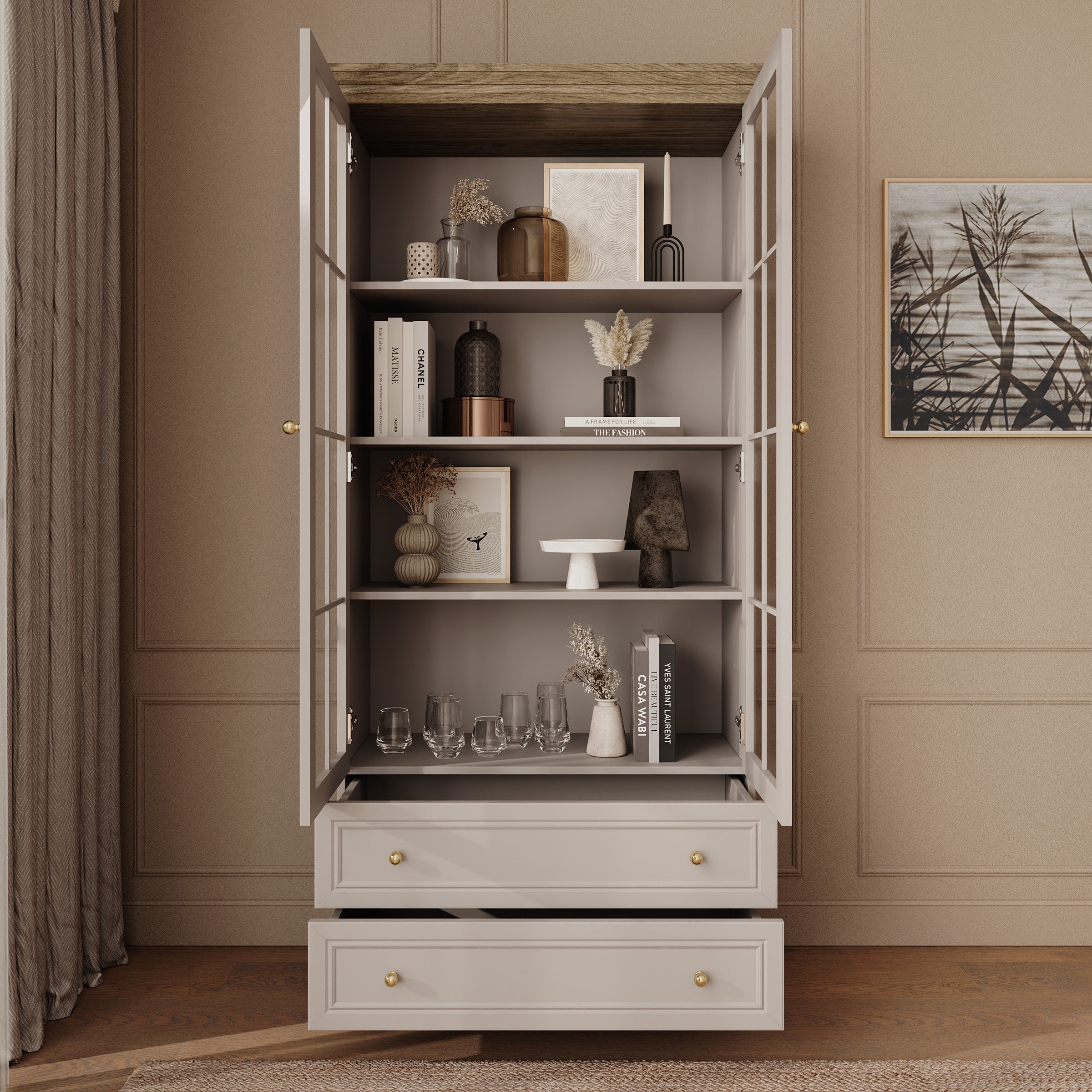 Kresto - Vitrinekast - Beige/Eikenpatroon - 89x41x189 cm
