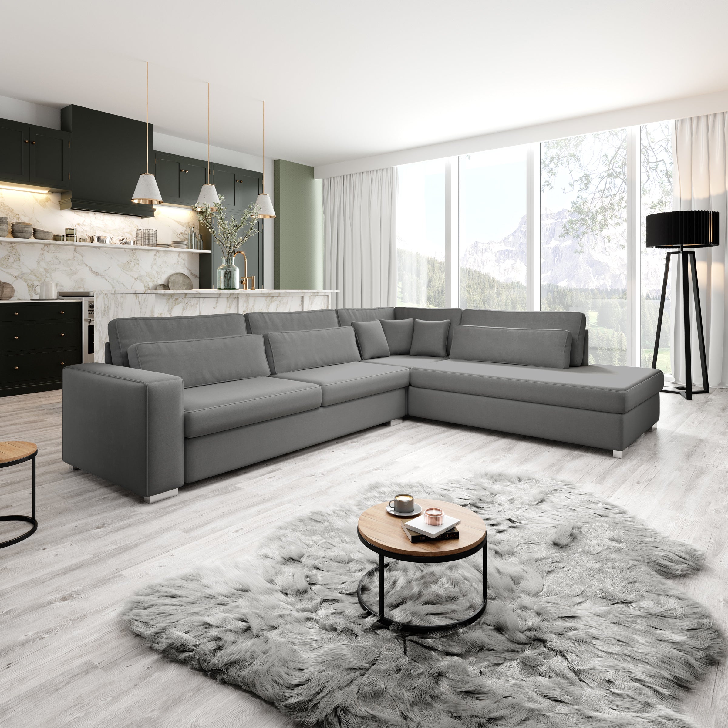 Kristina - Hoekbank 5-zits - Grijs velvet - Rechts - 320x245x88 cm