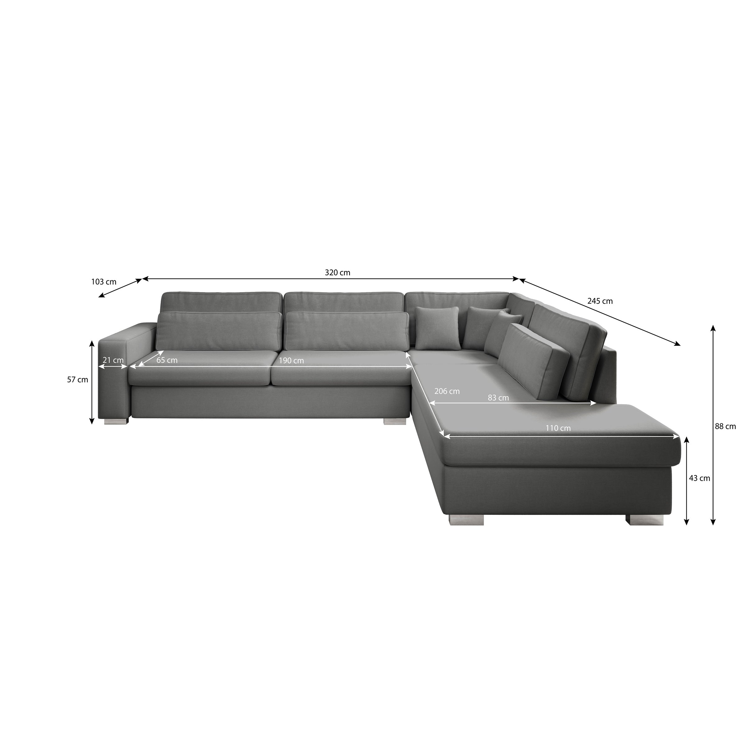 Kristina - Hoekbank 5-zits - Grijs velvet - Rechts - 320x245x88 cm