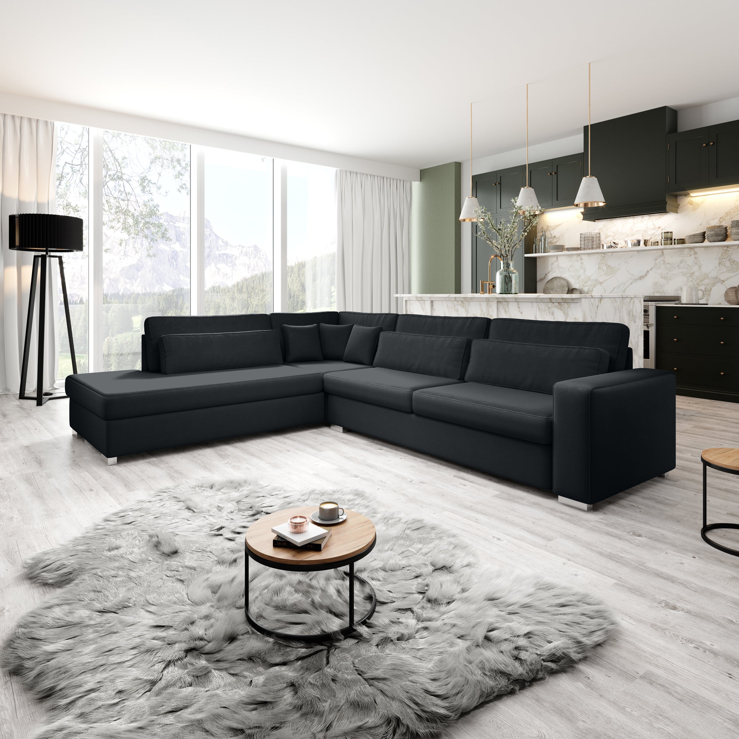 Kristina - Hoekbank 5-zits - Zwart velvet - Links - 320x245x88 cm