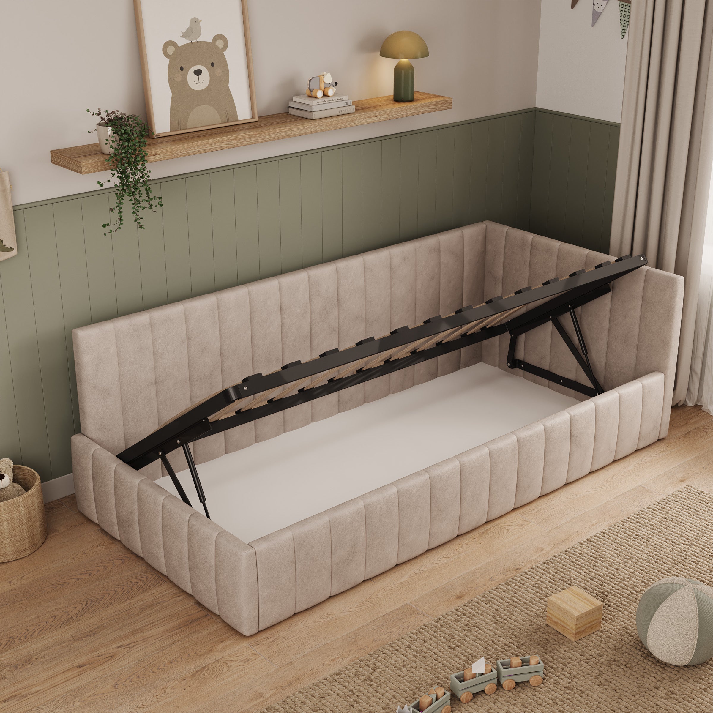 Kyro - Eenpersoonsbed met opbergruimte - Teddystof beige - 208x105x69 cm
