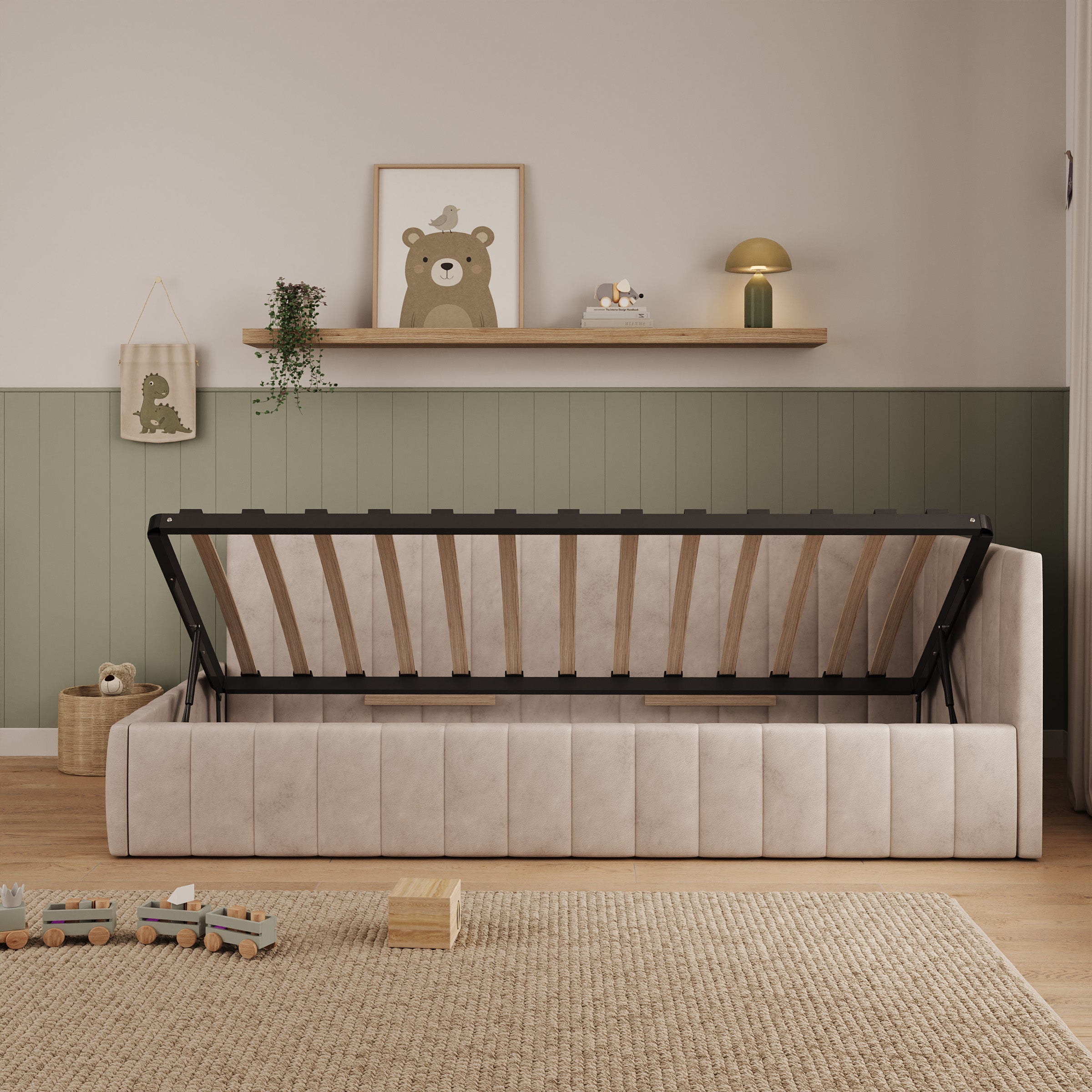 Kyro - Eenpersoonsbed met opbergruimte - Teddystof beige - 208x105x69 cm