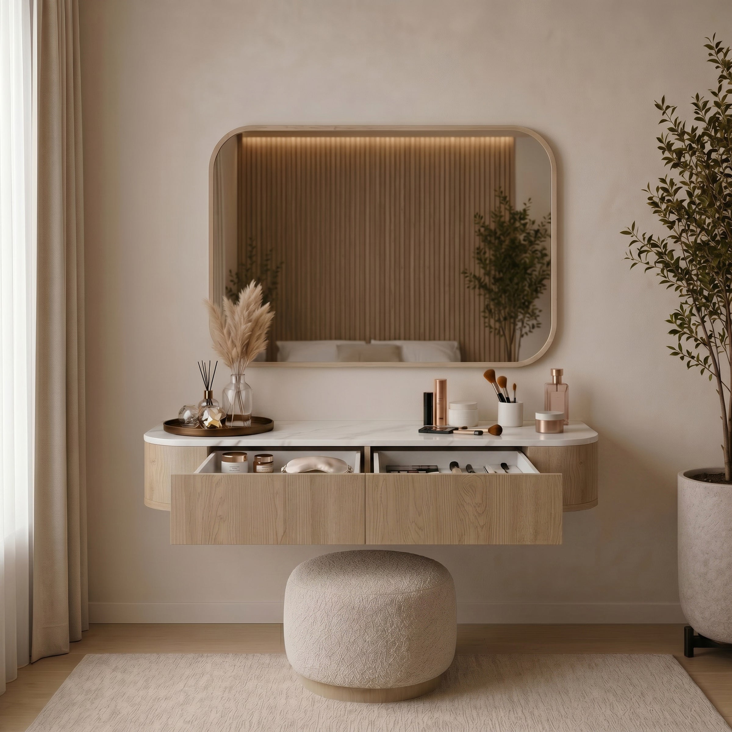 Lauran - Kaptafel met spiegel - Licht eikenpatroon - 123x36x18 cm