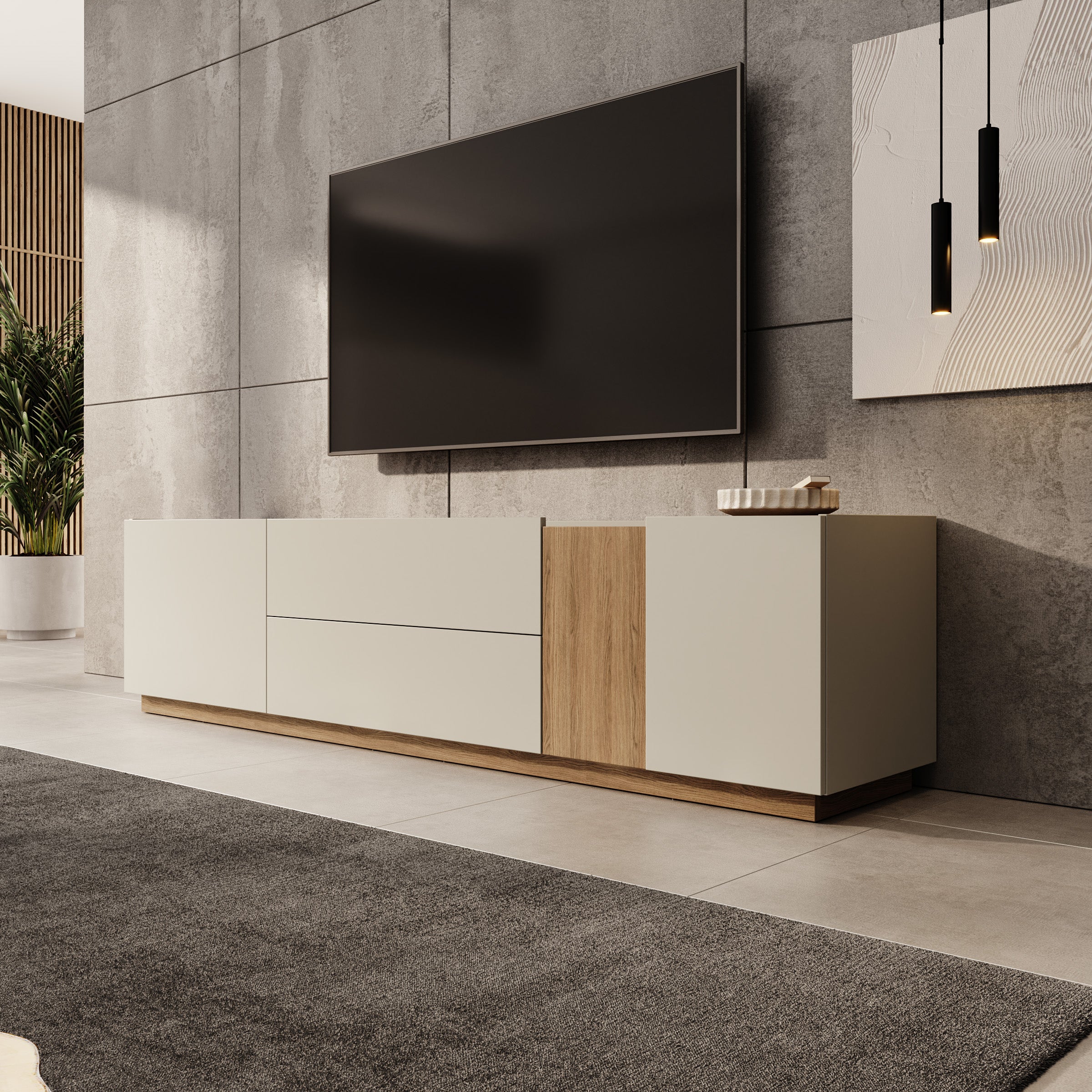 Lavar - TV-meubel - Grijs/Eiken - 204x41x50 cm