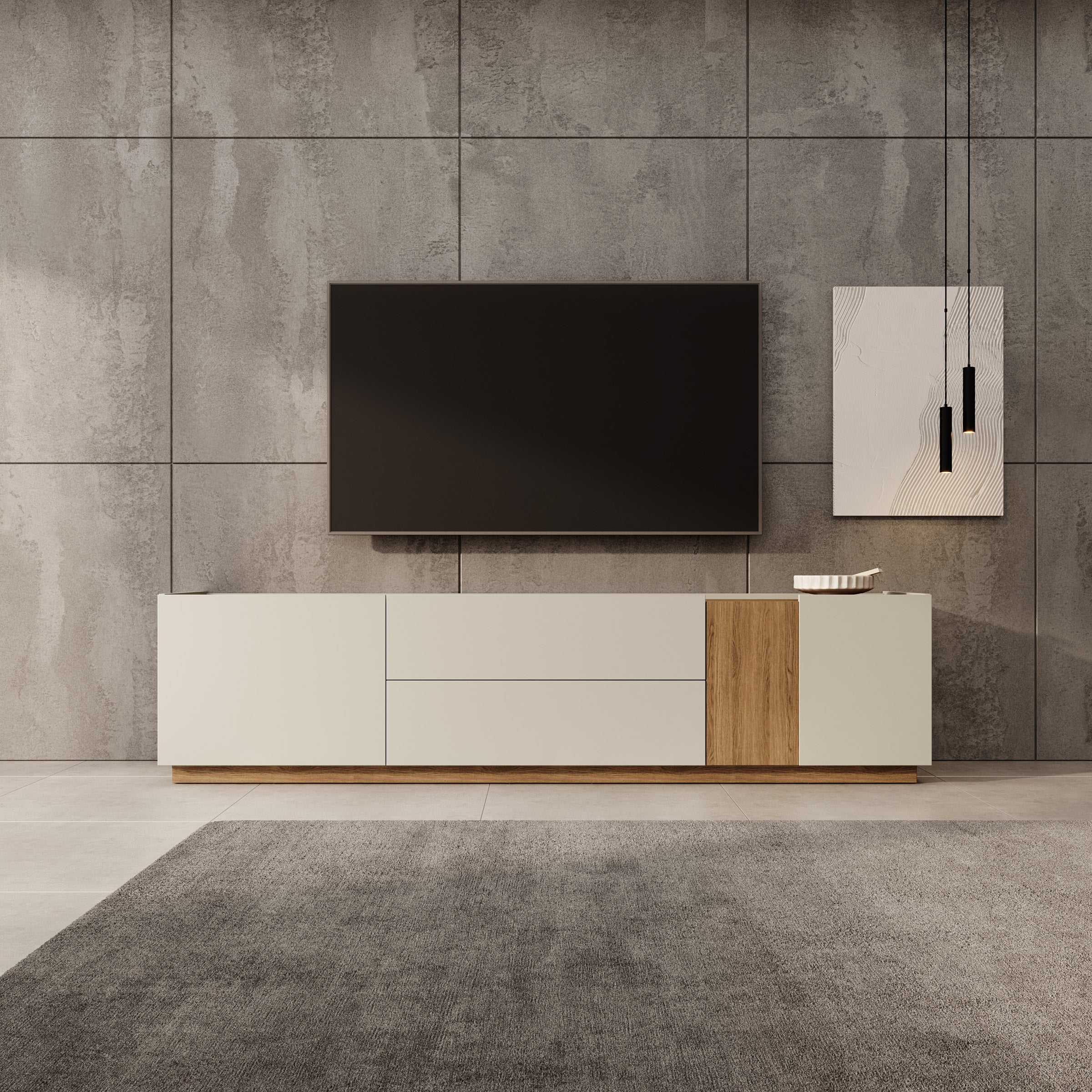 Lavar - TV-meubel - Grijs/Eiken - 204x41x50 cm