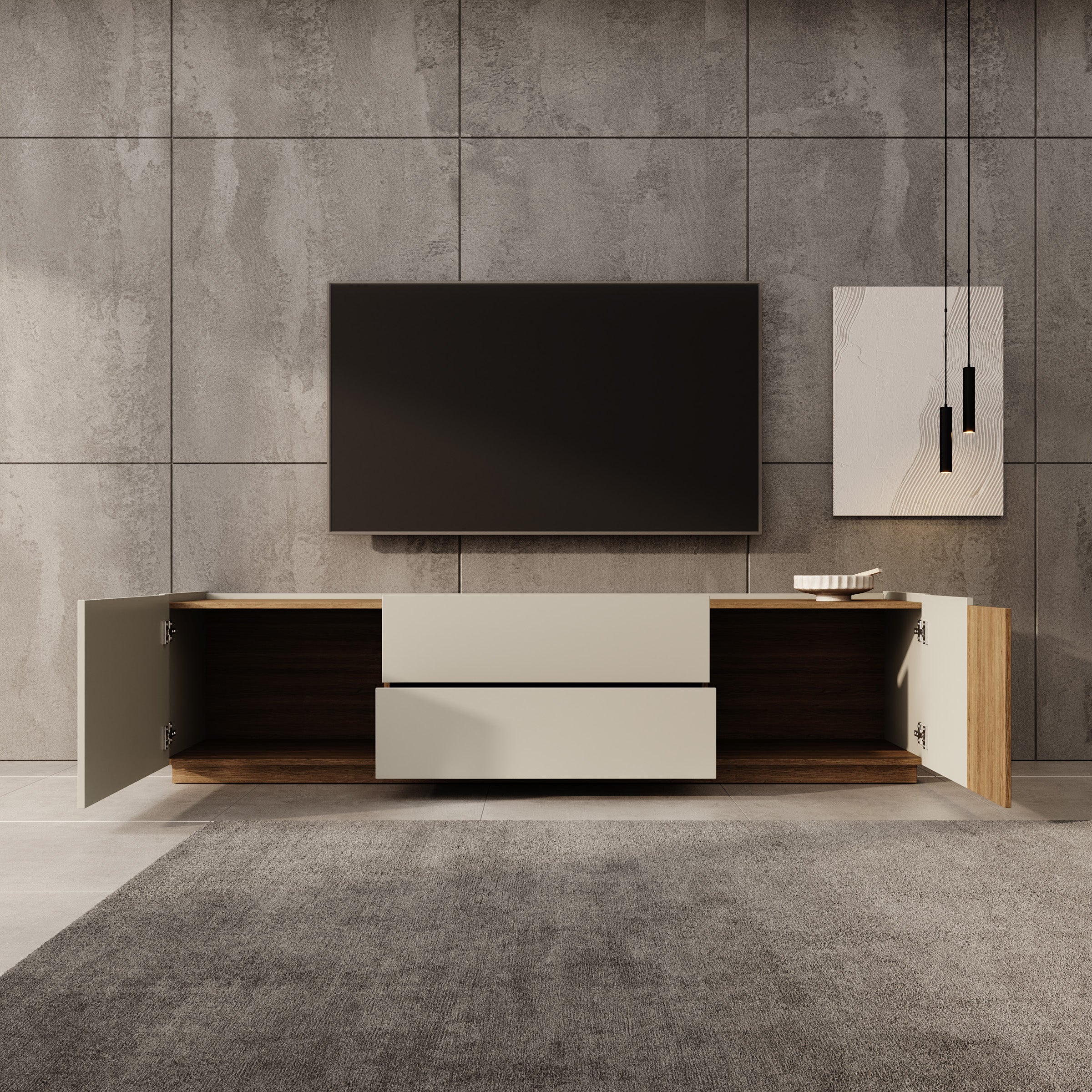 Lavar - TV-meubel - Grijs/Eiken - 204x41x50 cm