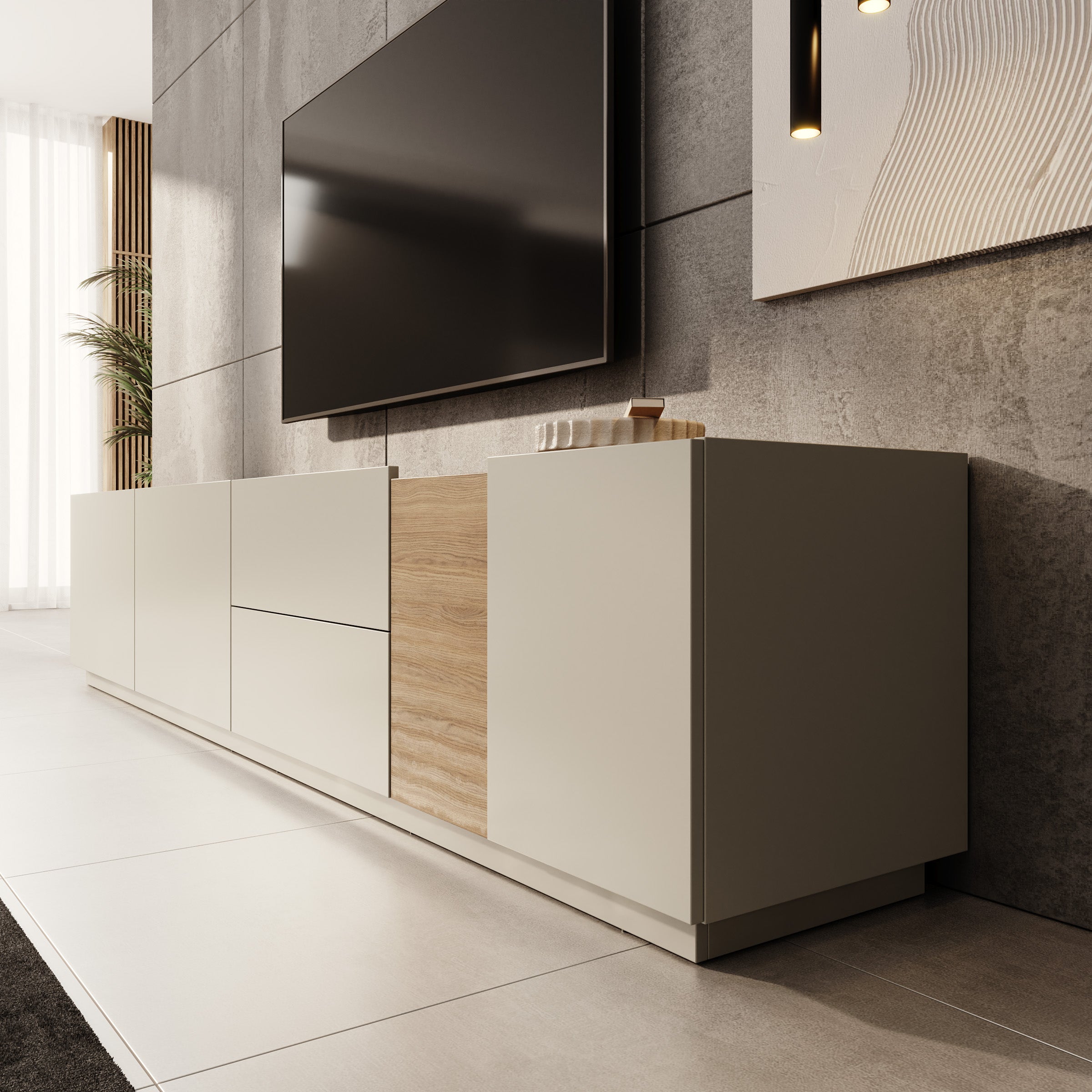 Lavar - TV-meubel - Grijs/Eiken - 239x41x50 cm
