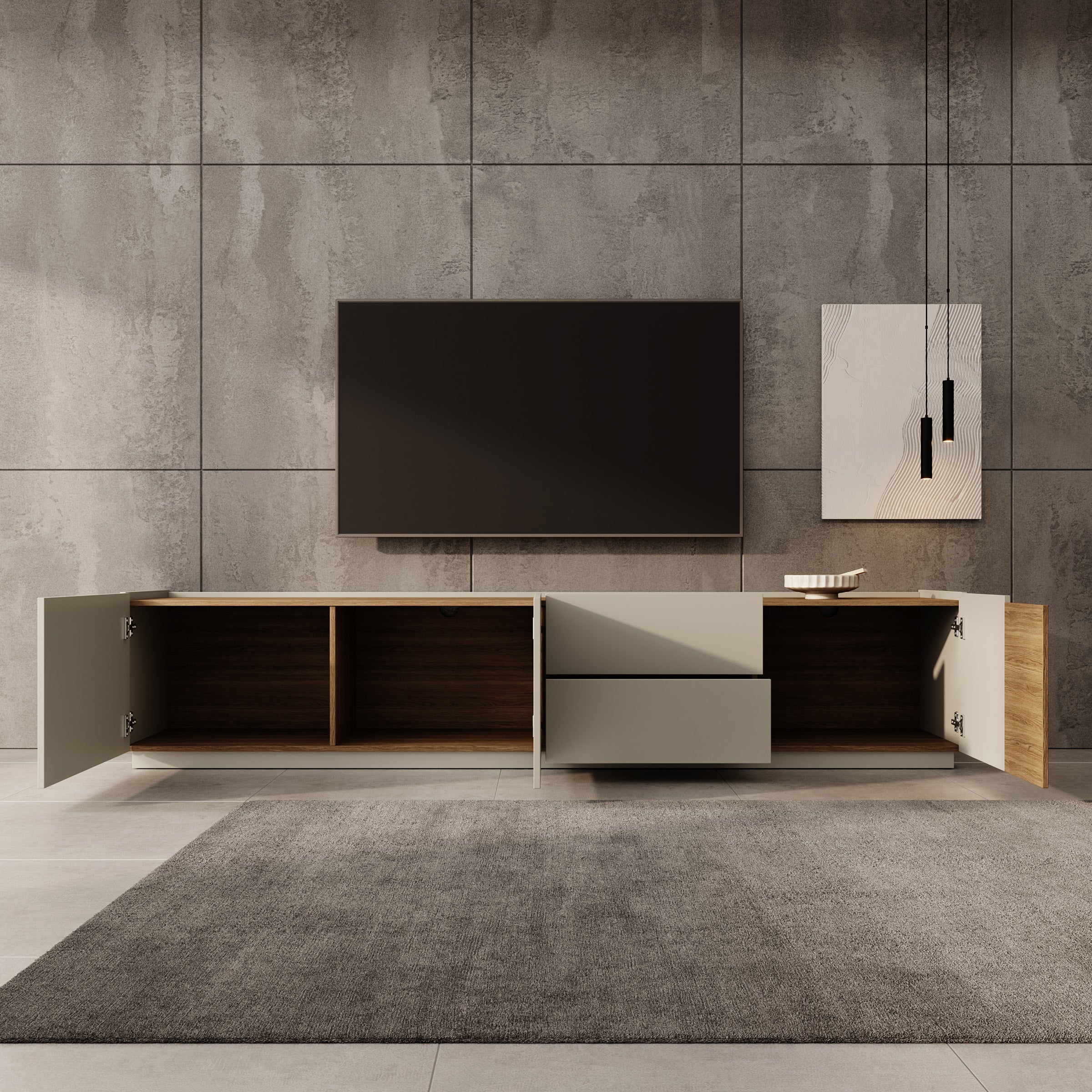 Lavar - TV-meubel - Grijs/Eiken - 239x41x50 cm