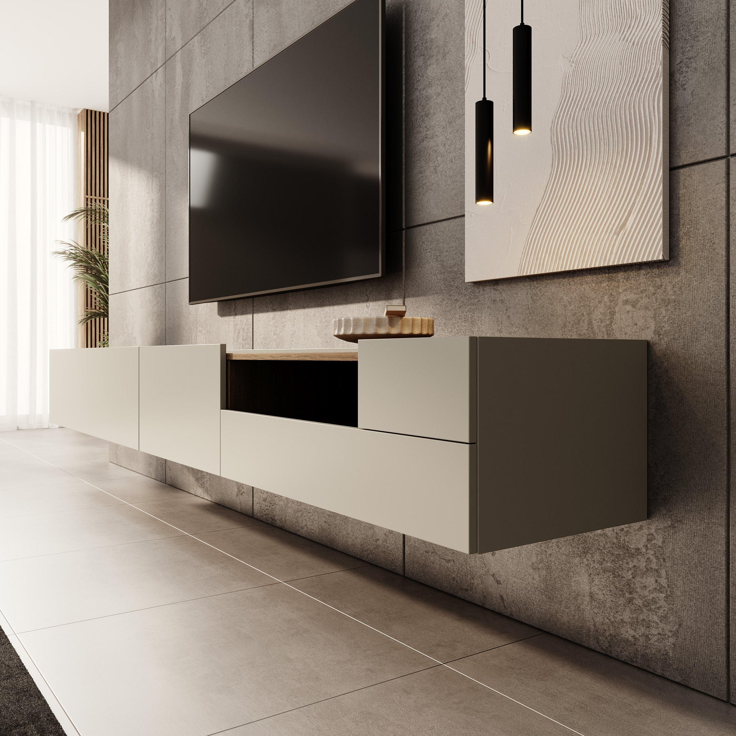 Lavar - TV-meubel - Grijs/Eiken - 269x41x32 cm