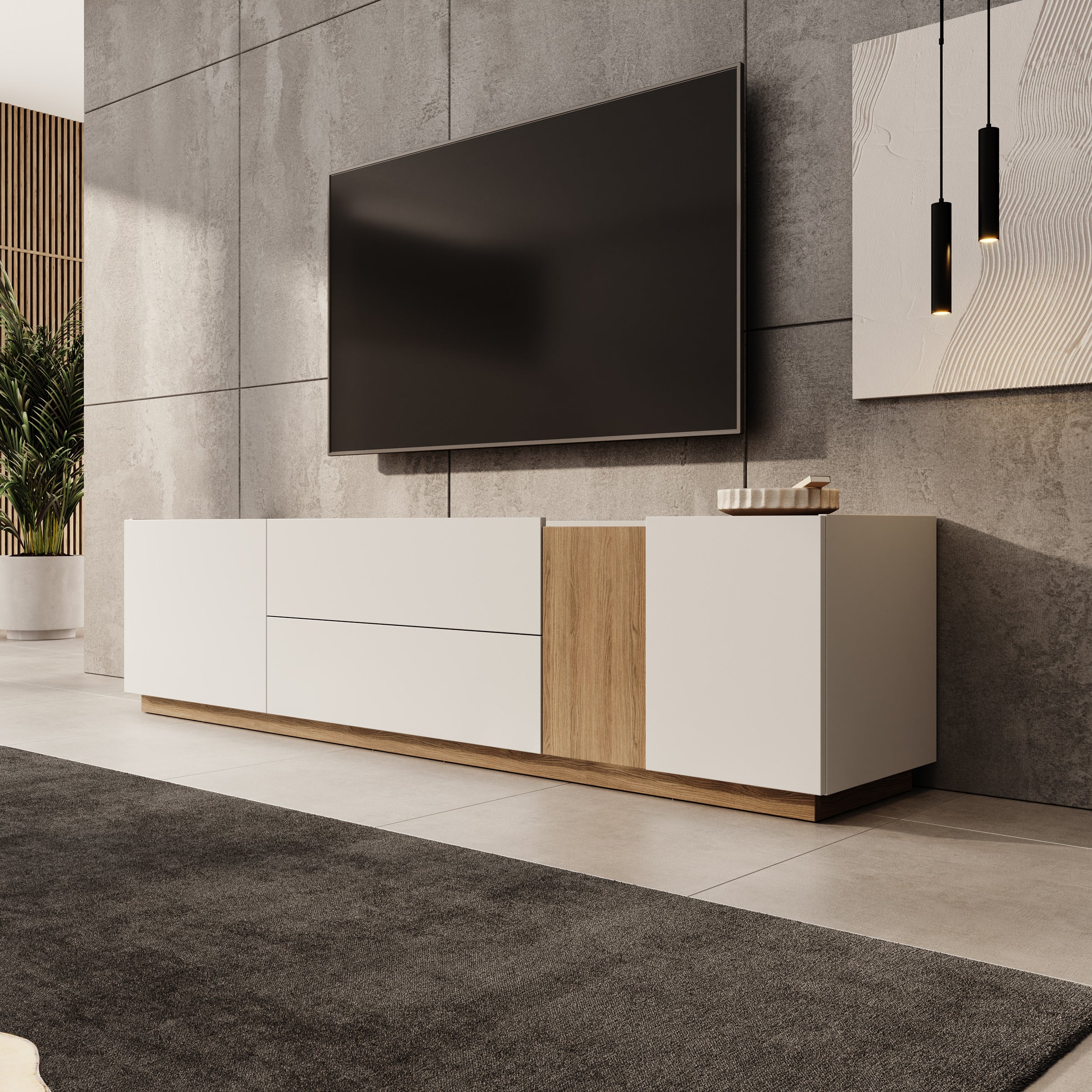 Lavar - TV-meubel - Wit/Eiken - 204x41x50 cm