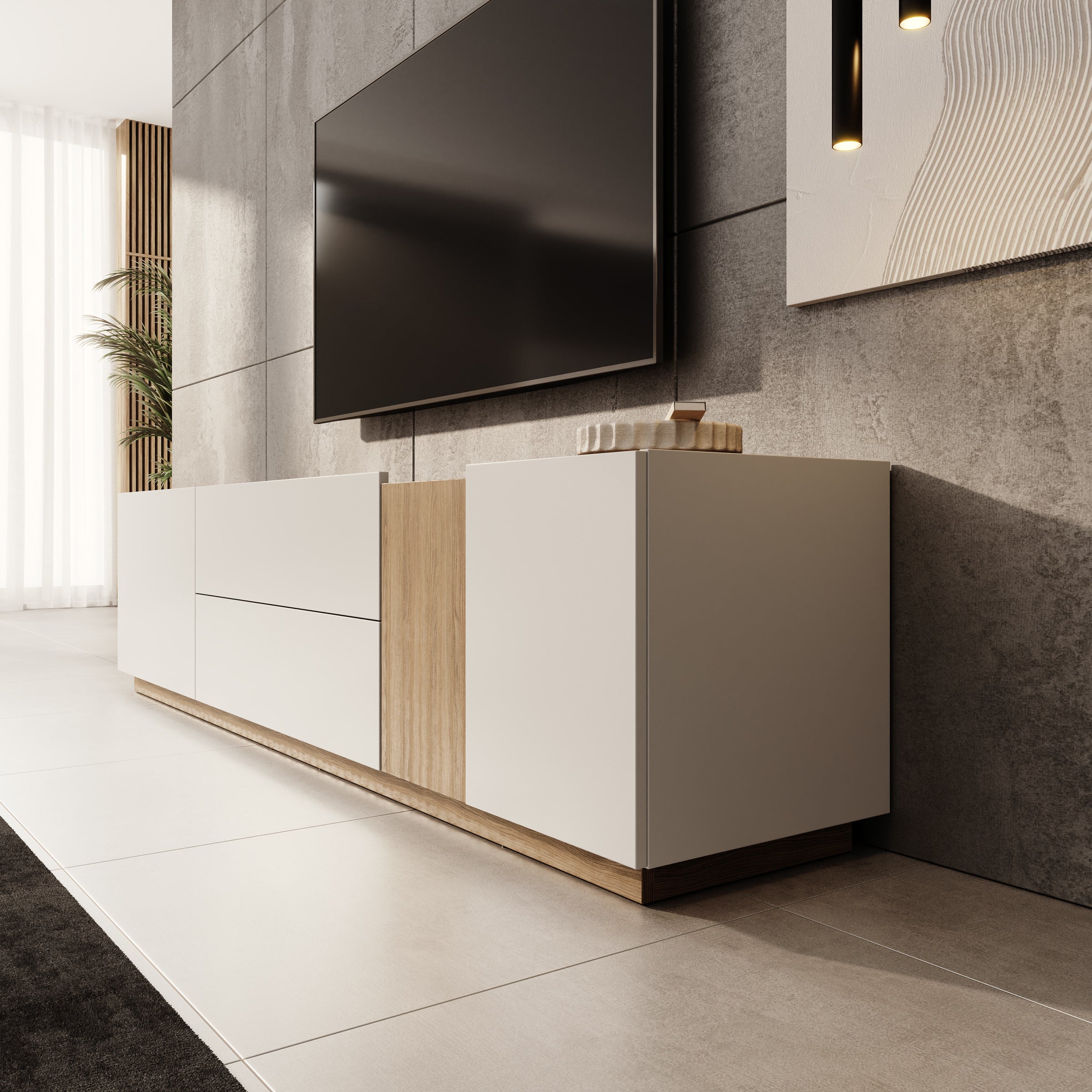 Lavar - TV-meubel - Wit/Eiken - 204x41x50 cm