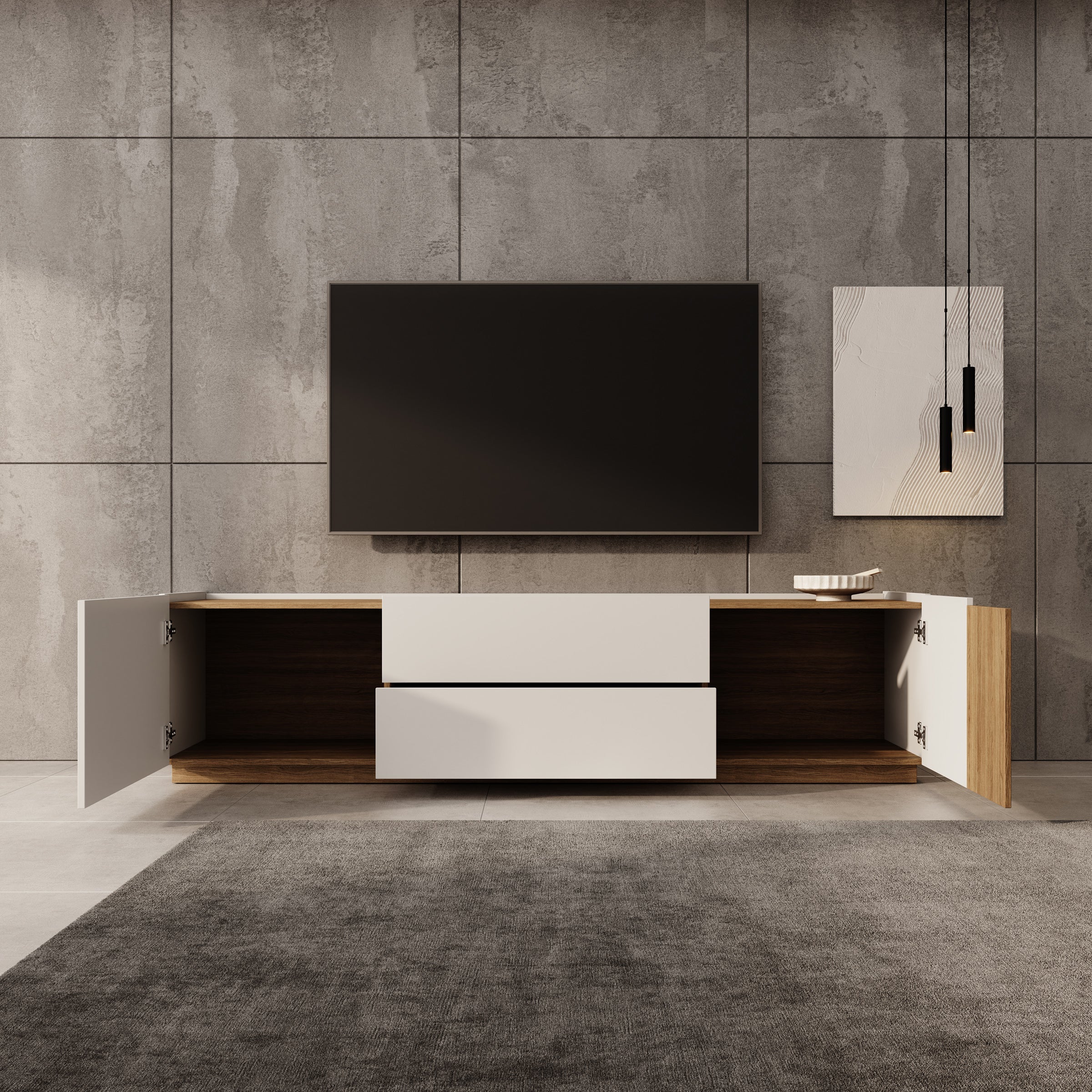 Lavar - TV-meubel - Wit/Eiken - 204x41x50 cm