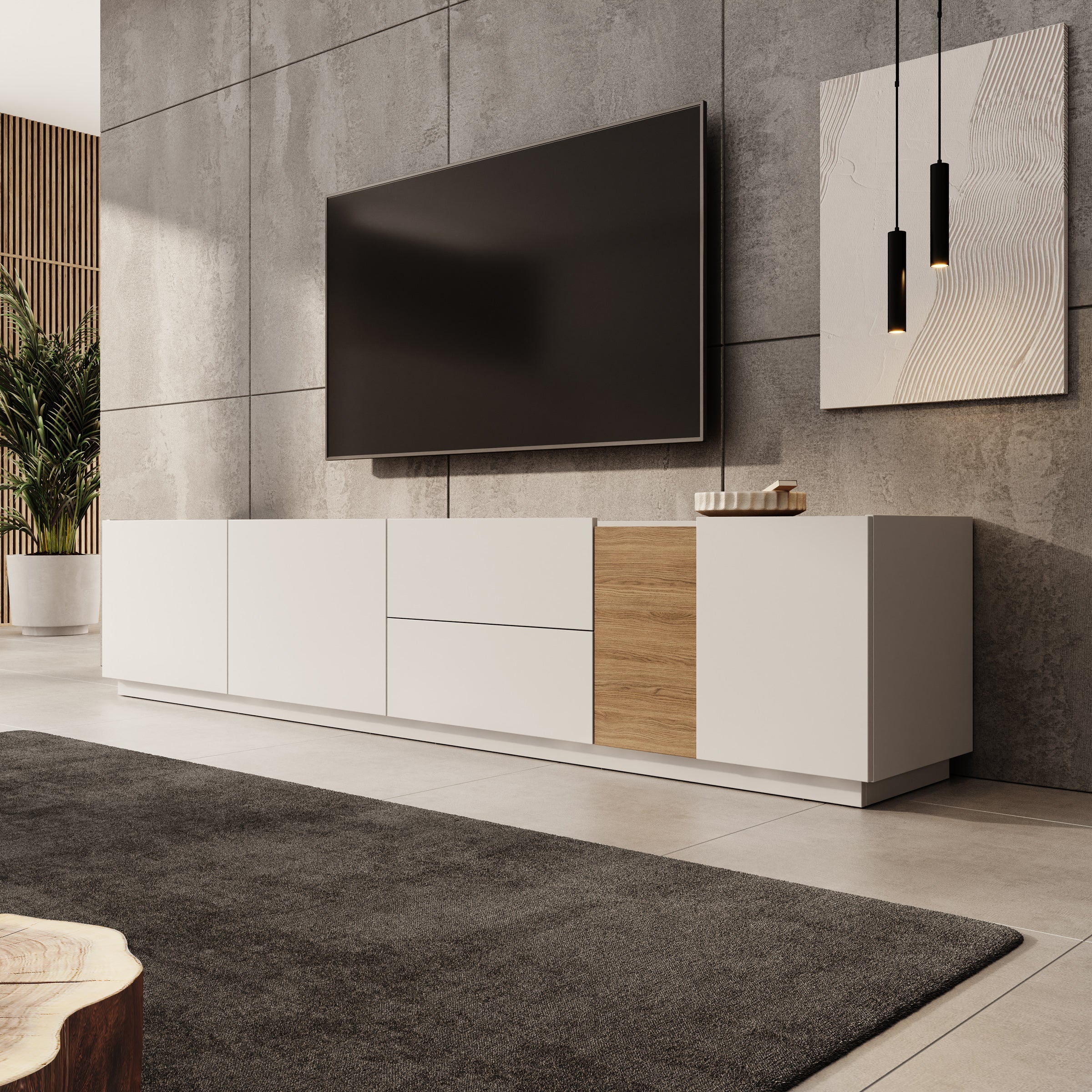 Lavar - TV-meubel - Wit/Eiken - 239x41x50 cm