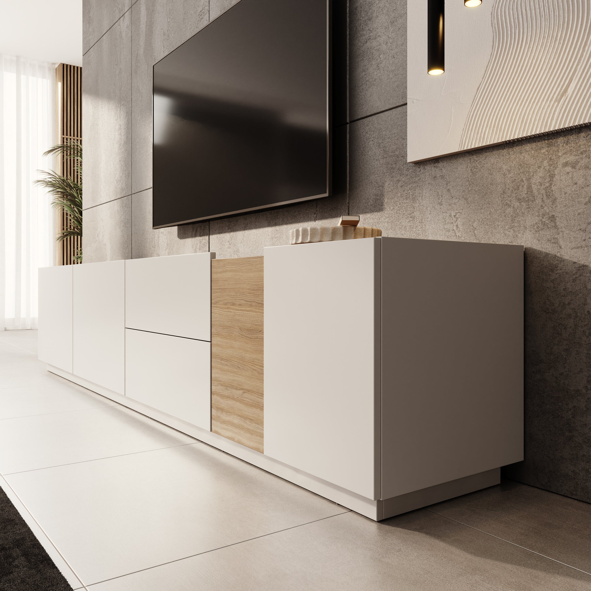 Lavar - TV-meubel - Wit/Eiken - 239x41x50 cm