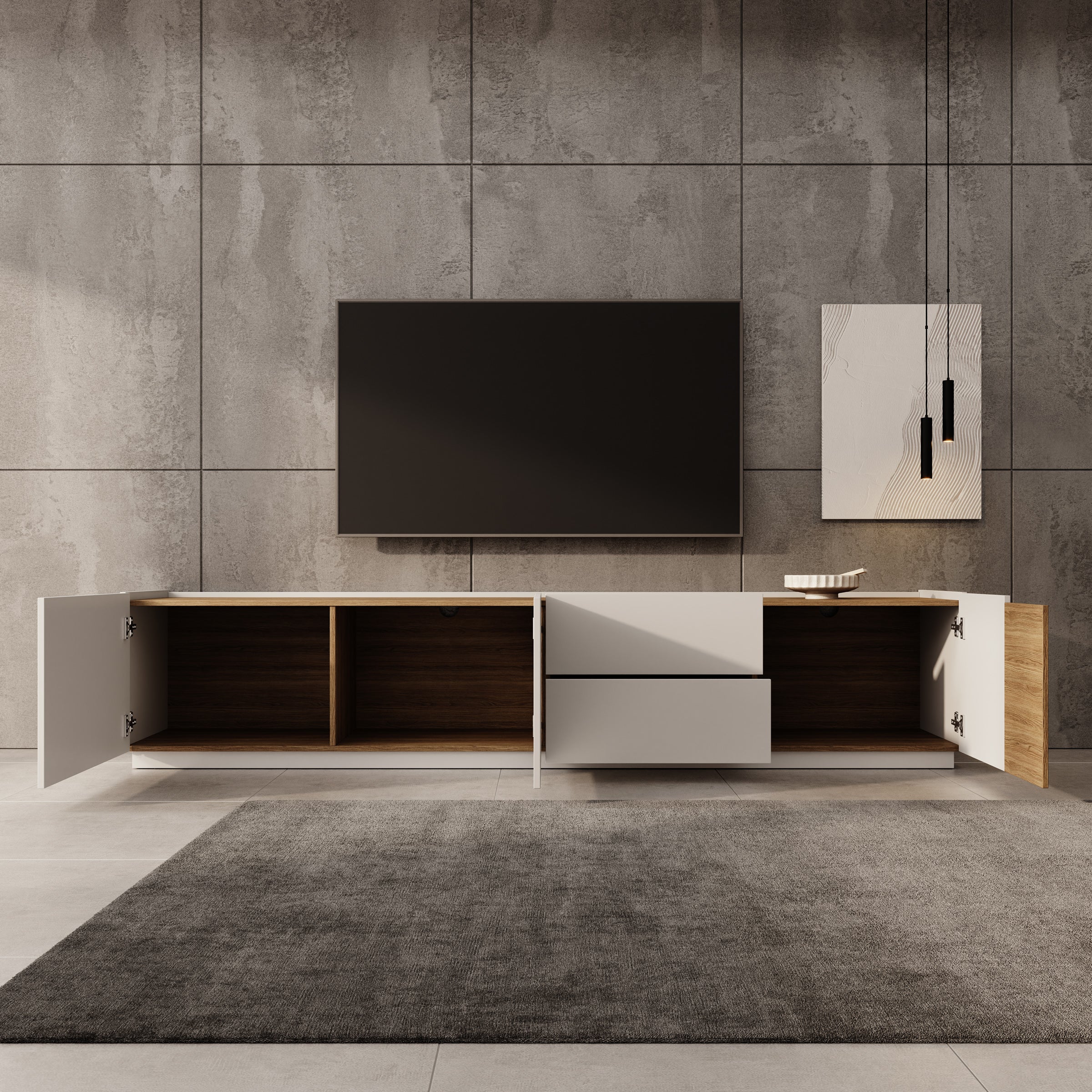 Lavar - TV-meubel - Wit/Eiken - 239x41x50 cm