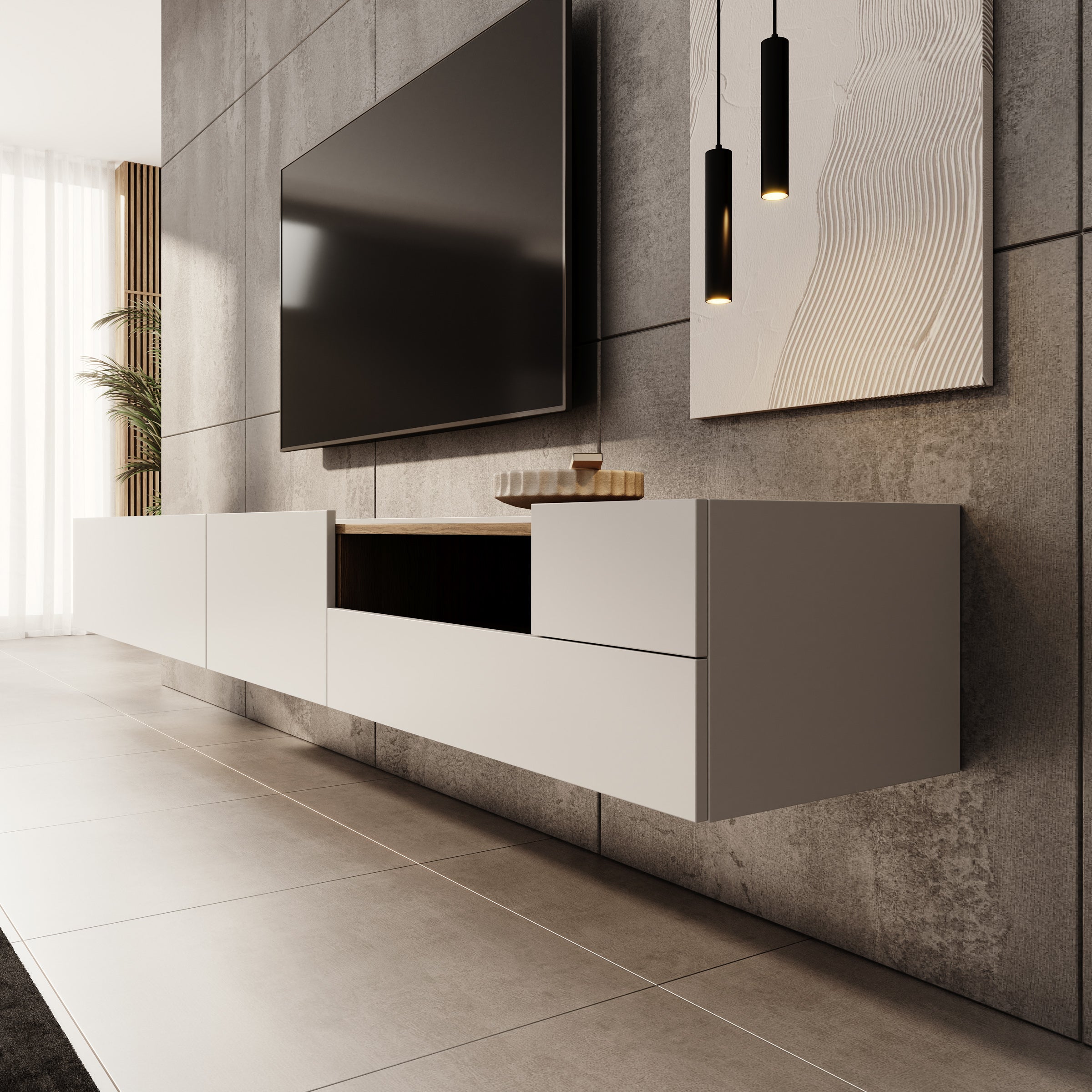 Lavar - TV-meubel - Wit/Eiken - 269x41x32 cm