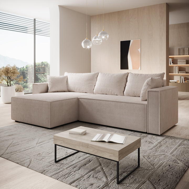 Lawrence - Hoekbank 3-zits met chaise longue - Ribstof beige - Links