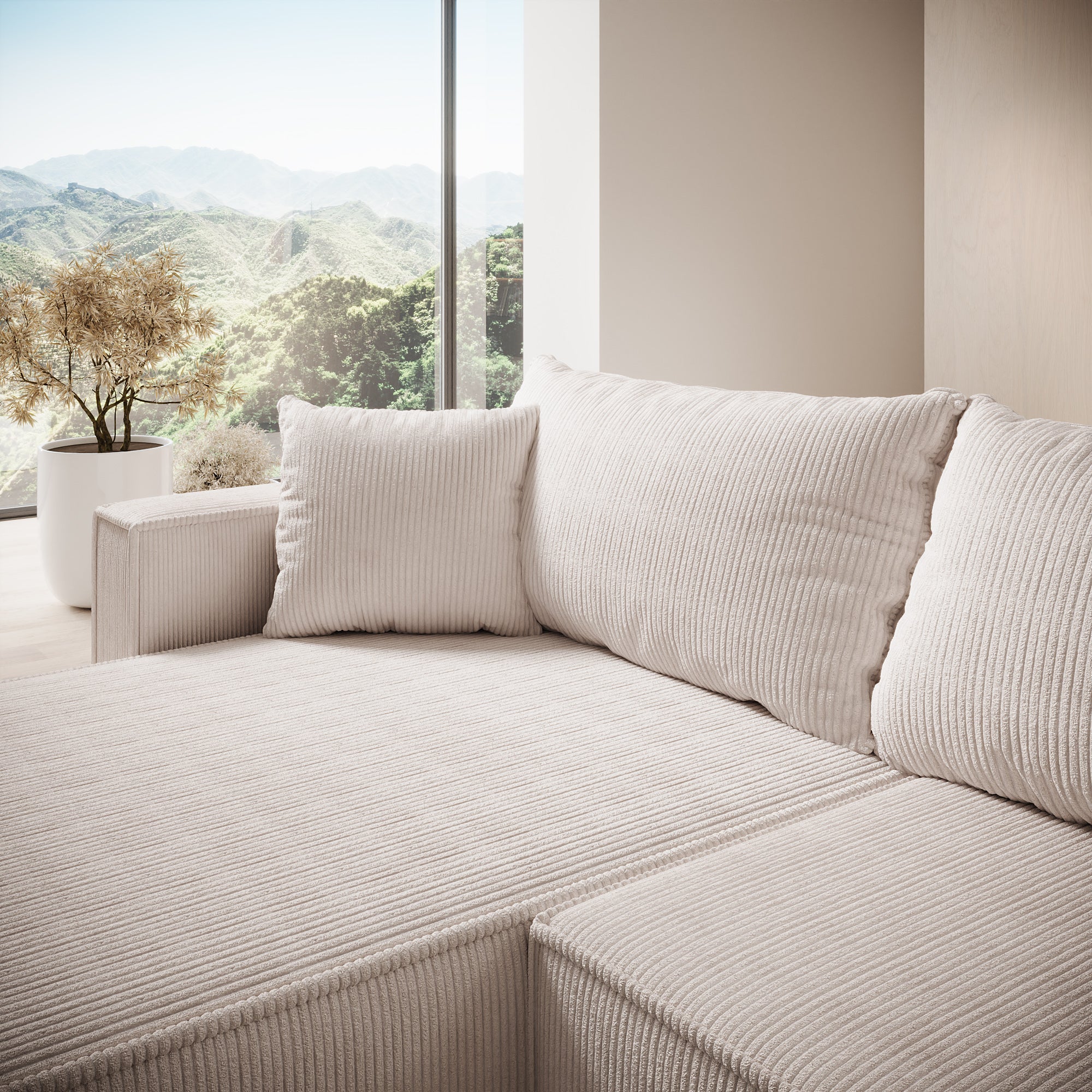 Lawrence - Hoekbank 3-zits met chaise longue - Ribstof beige - Links