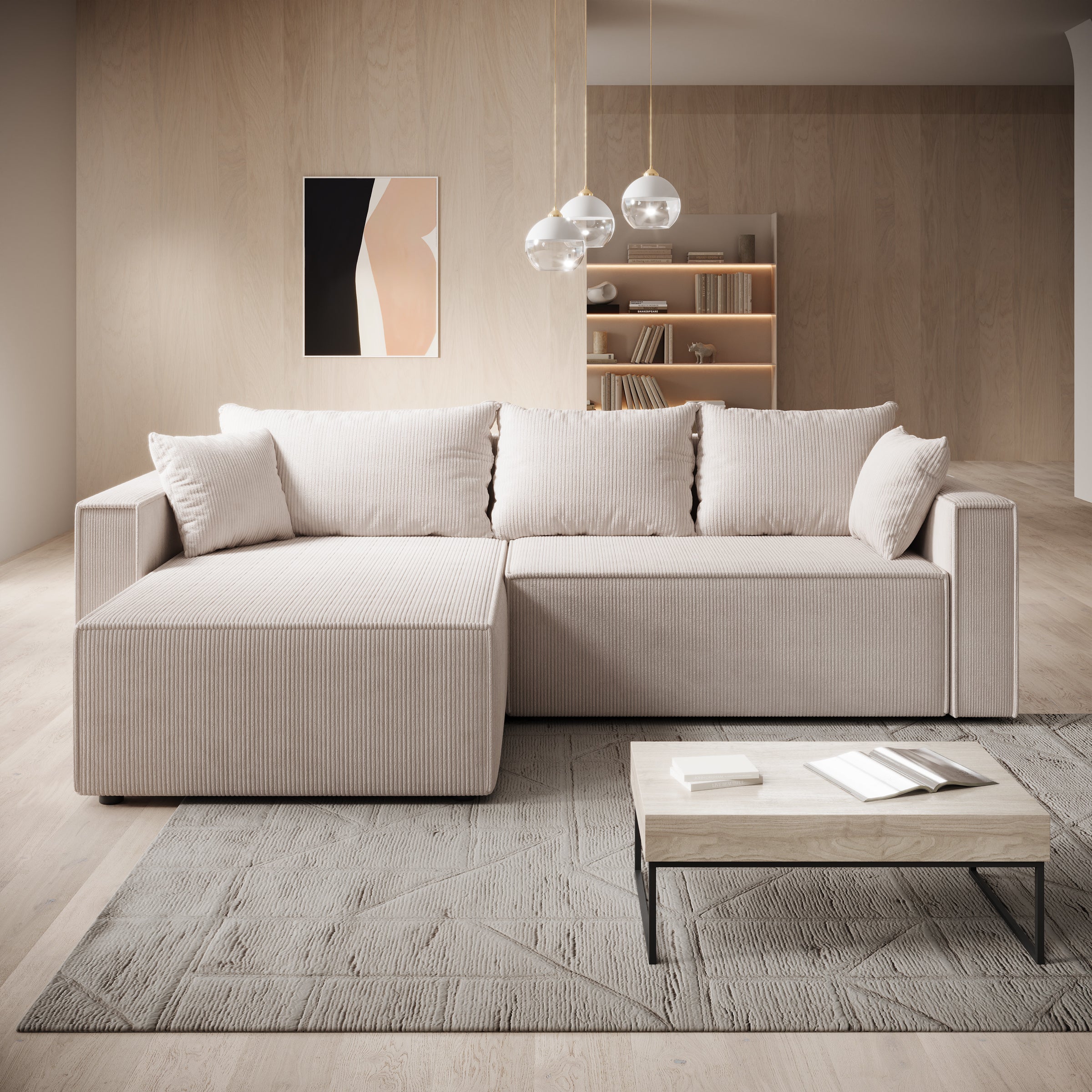 Lawrence - Hoekbank 3-zits met chaise longue - Ribstof beige - Links