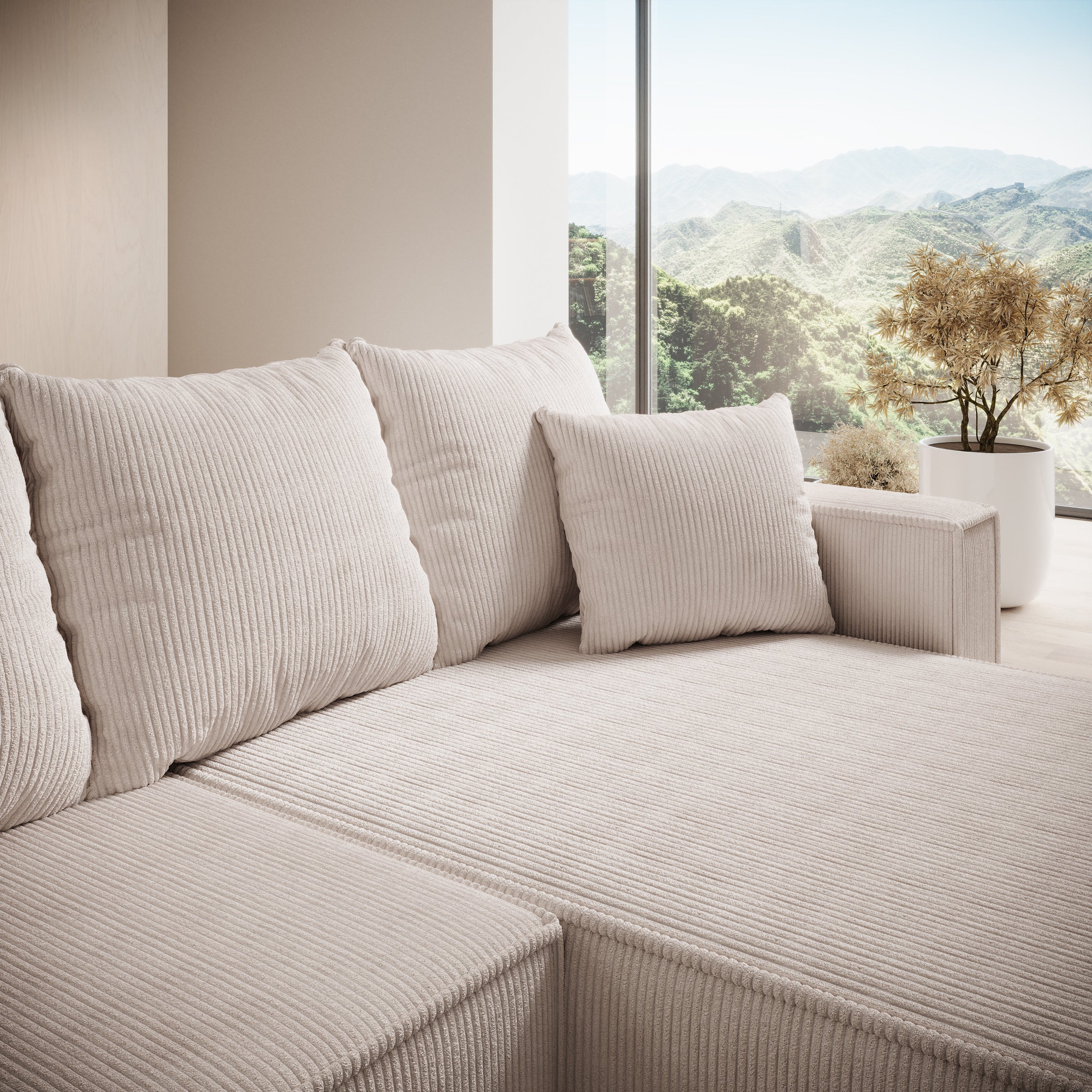 Lawrence - Hoekbank 3-zits met chaise longue - Ribstof beige - Rechts