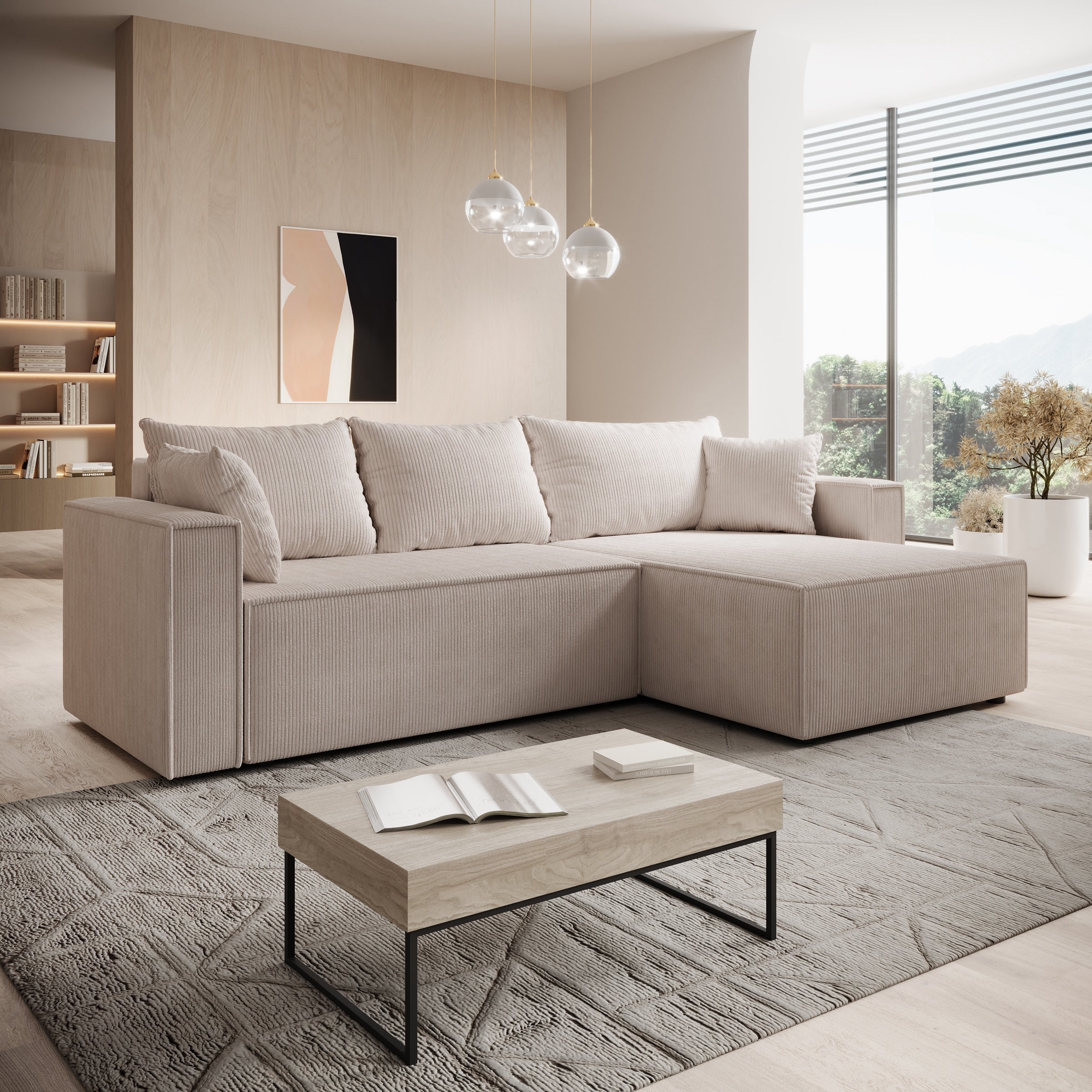 Lawrence - Hoekbank 3-zits met chaise longue - Ribstof beige - Rechts