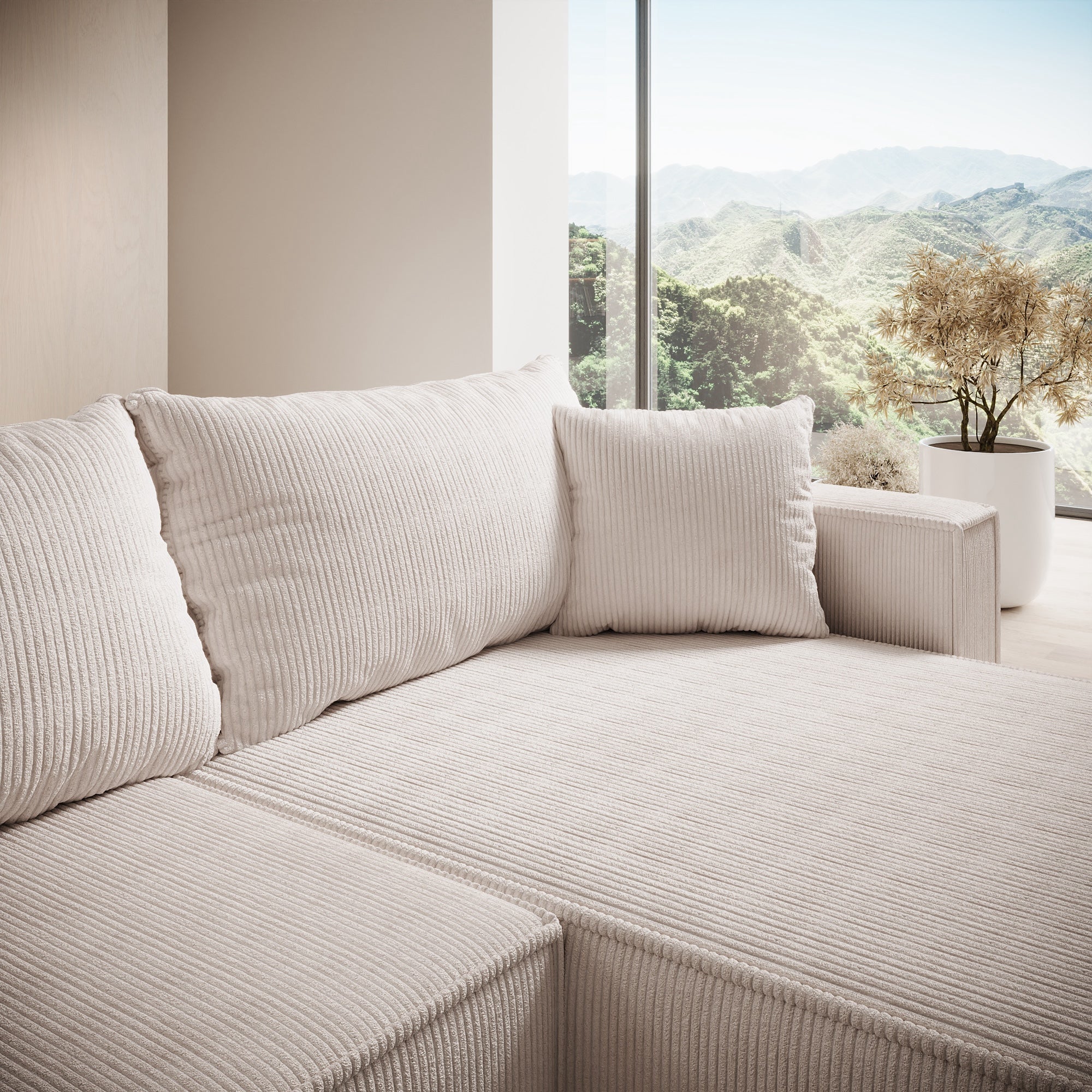 Lawrence - Hoekbank 3-zits met chaise longue - Ribstof beige - Rechts