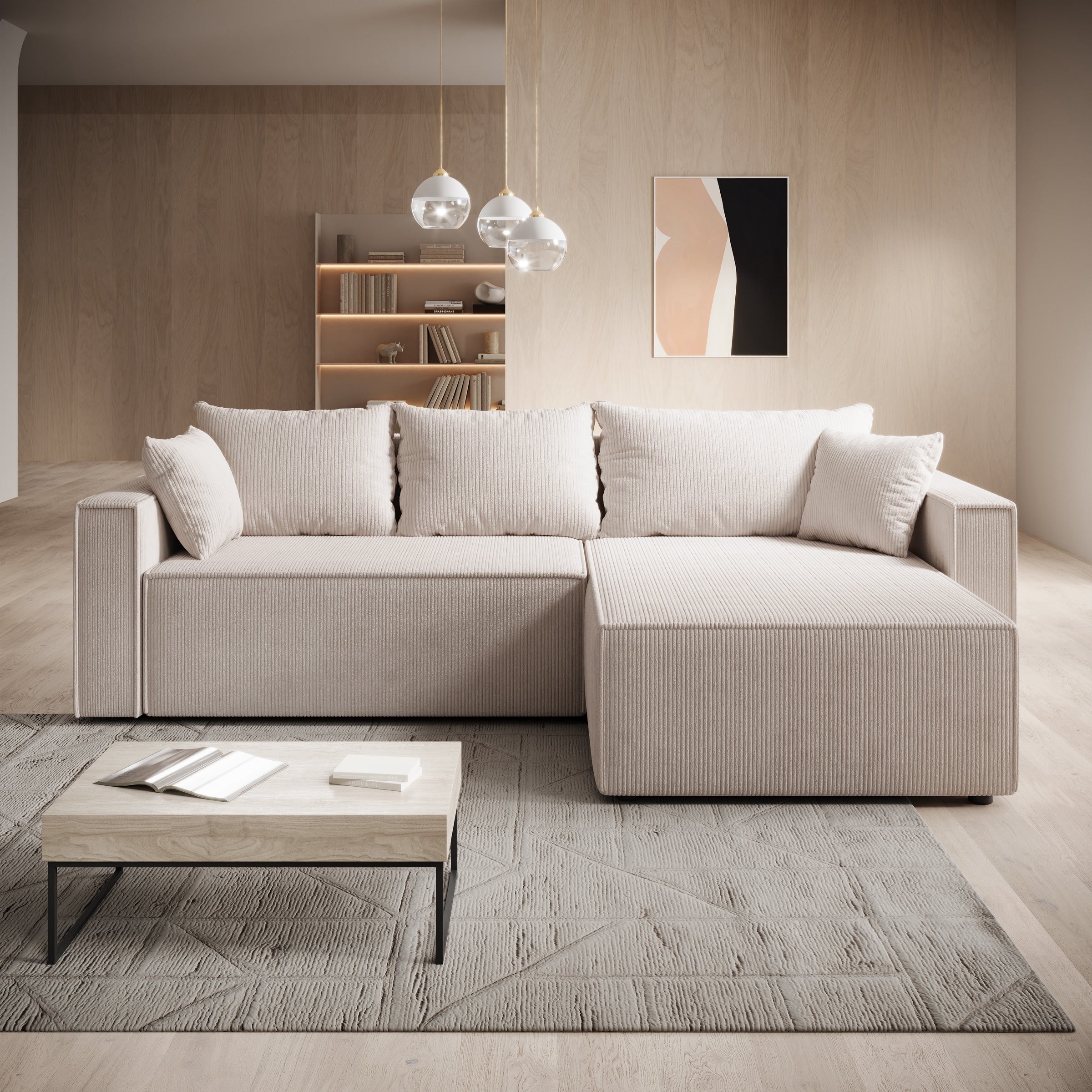 Lawrence - Hoekbank 3-zits met chaise longue - Ribstof beige - Rechts