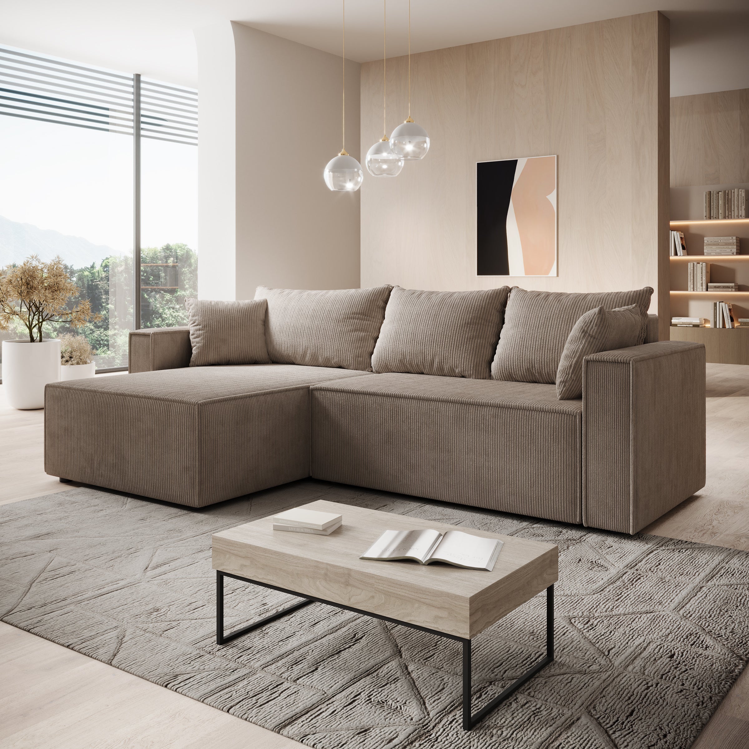 Lawrence - Hoekbank 3-zits met chaise longue - Ribstof bruin - Links