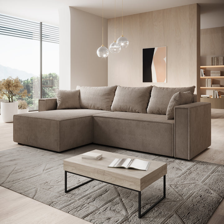 Lawrence - Hoekbank 3-zits met chaise longue - Ribstof bruin - Links