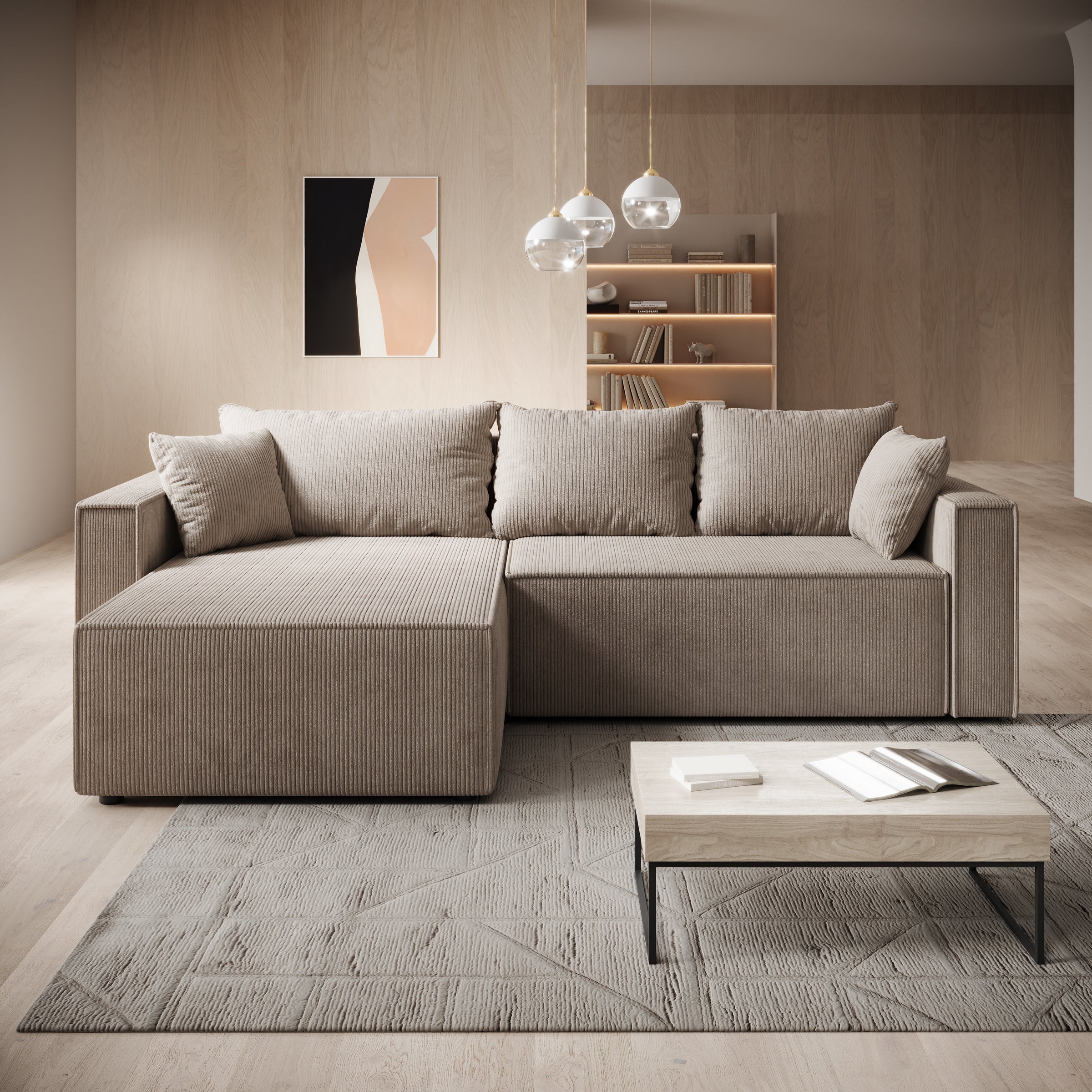 Lawrence - Hoekbank 3-zits met chaise longue - Ribstof bruin - Links