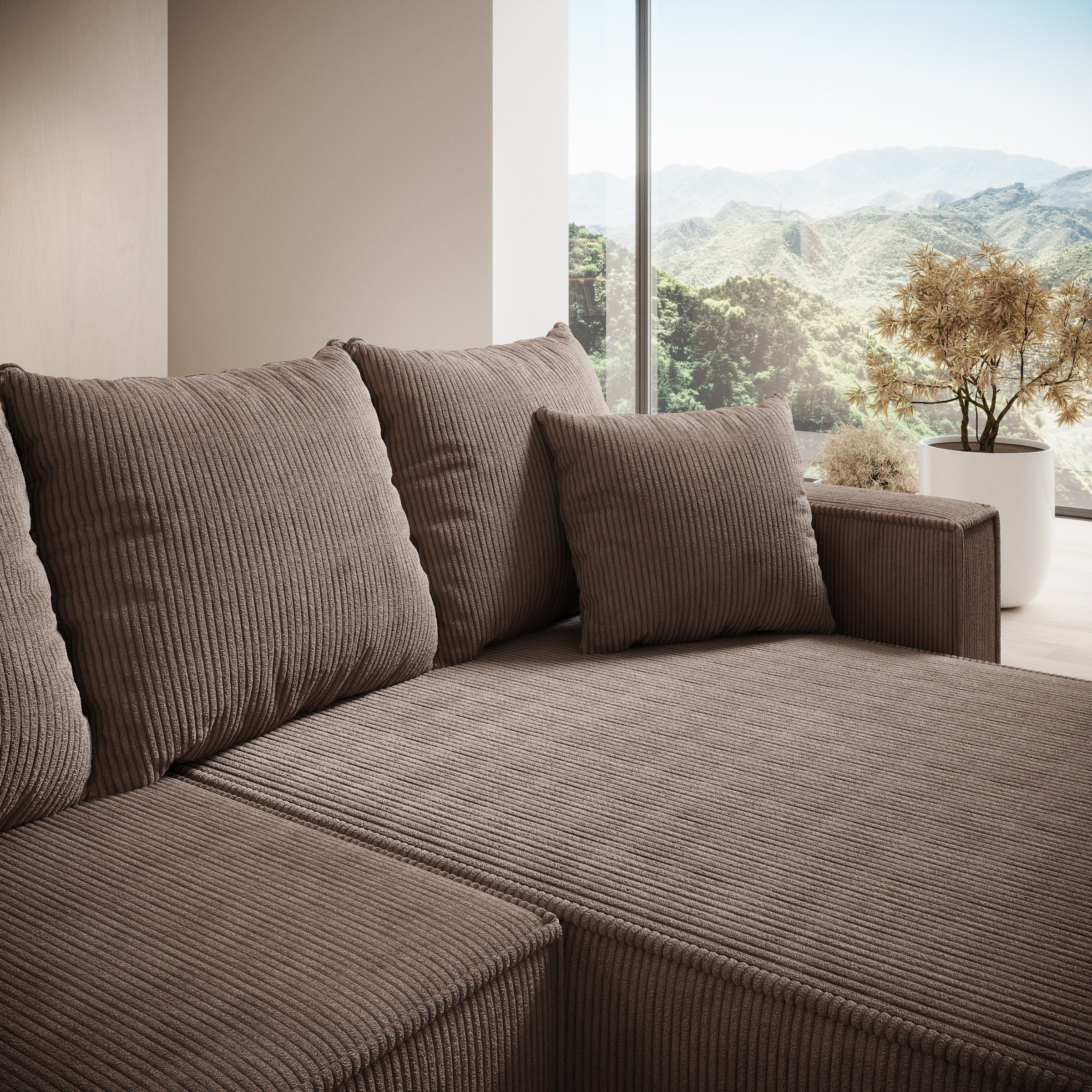 Lawrence - Hoekbank 3-zits met chaise longue - Ribstof bruin - Rechts