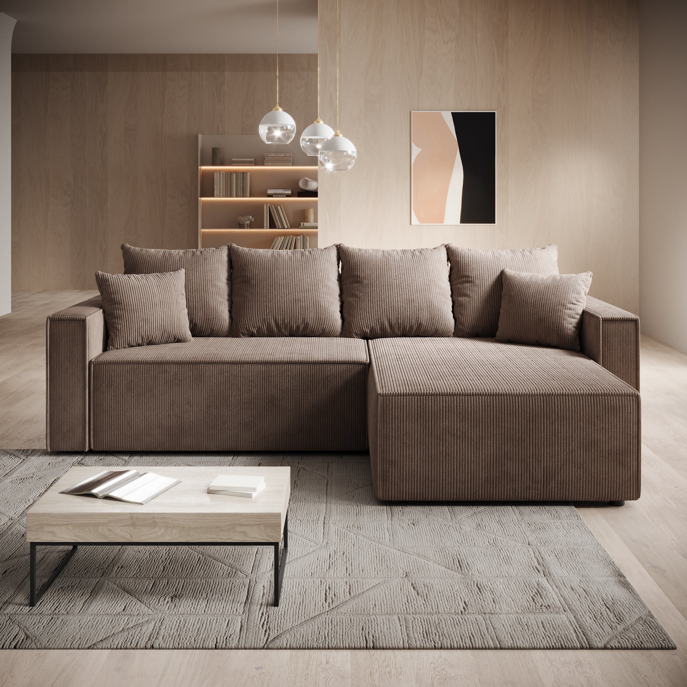 Lawrence - Hoekbank 3-zits met chaise longue - Ribstof bruin - Rechts