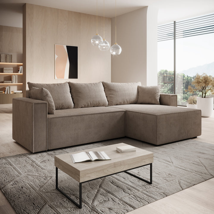 Lawrence - Hoekbank 3-zits met chaise longue - Ribstof bruin - Rechts