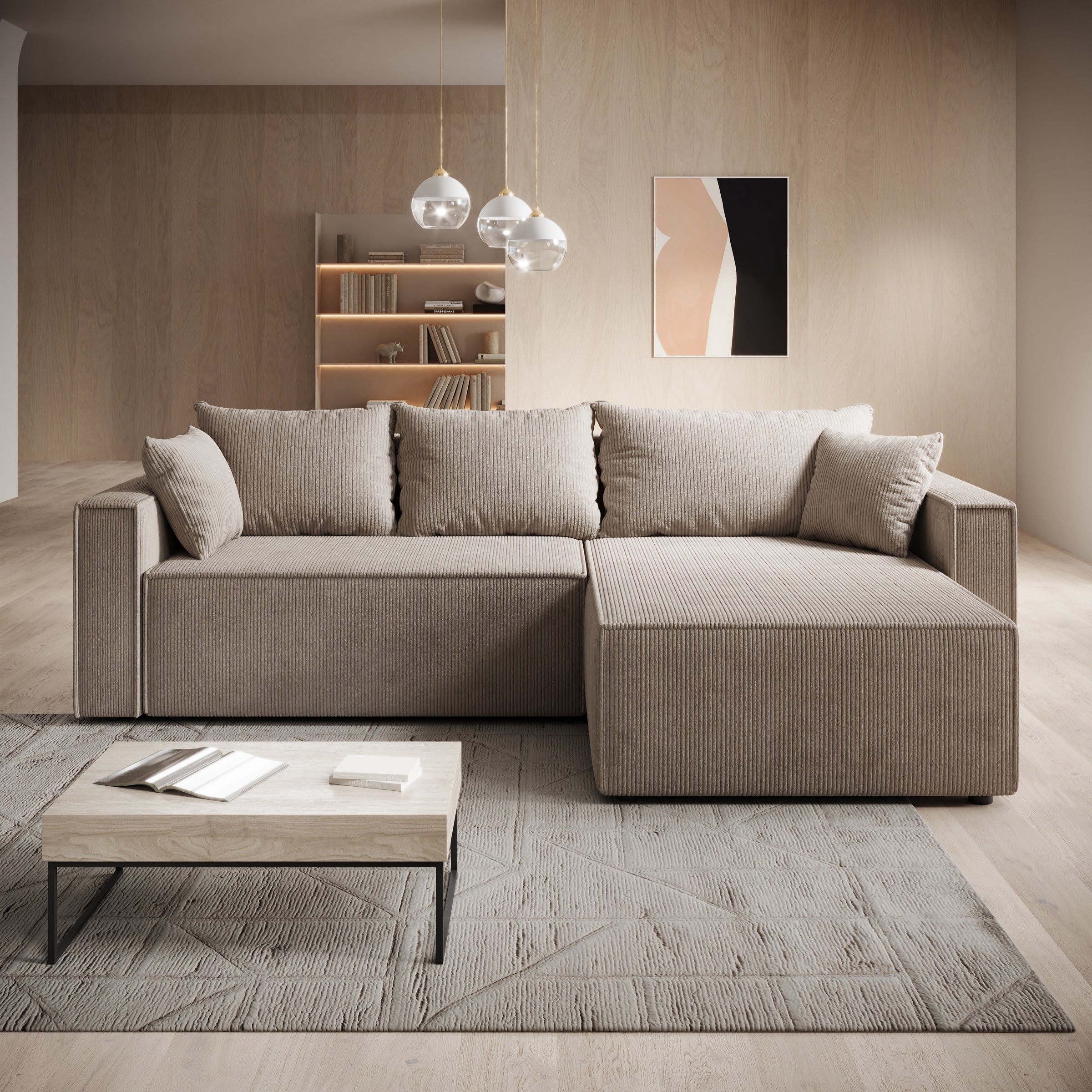 Lawrence - Hoekbank 3-zits met chaise longue - Ribstof bruin - Rechts