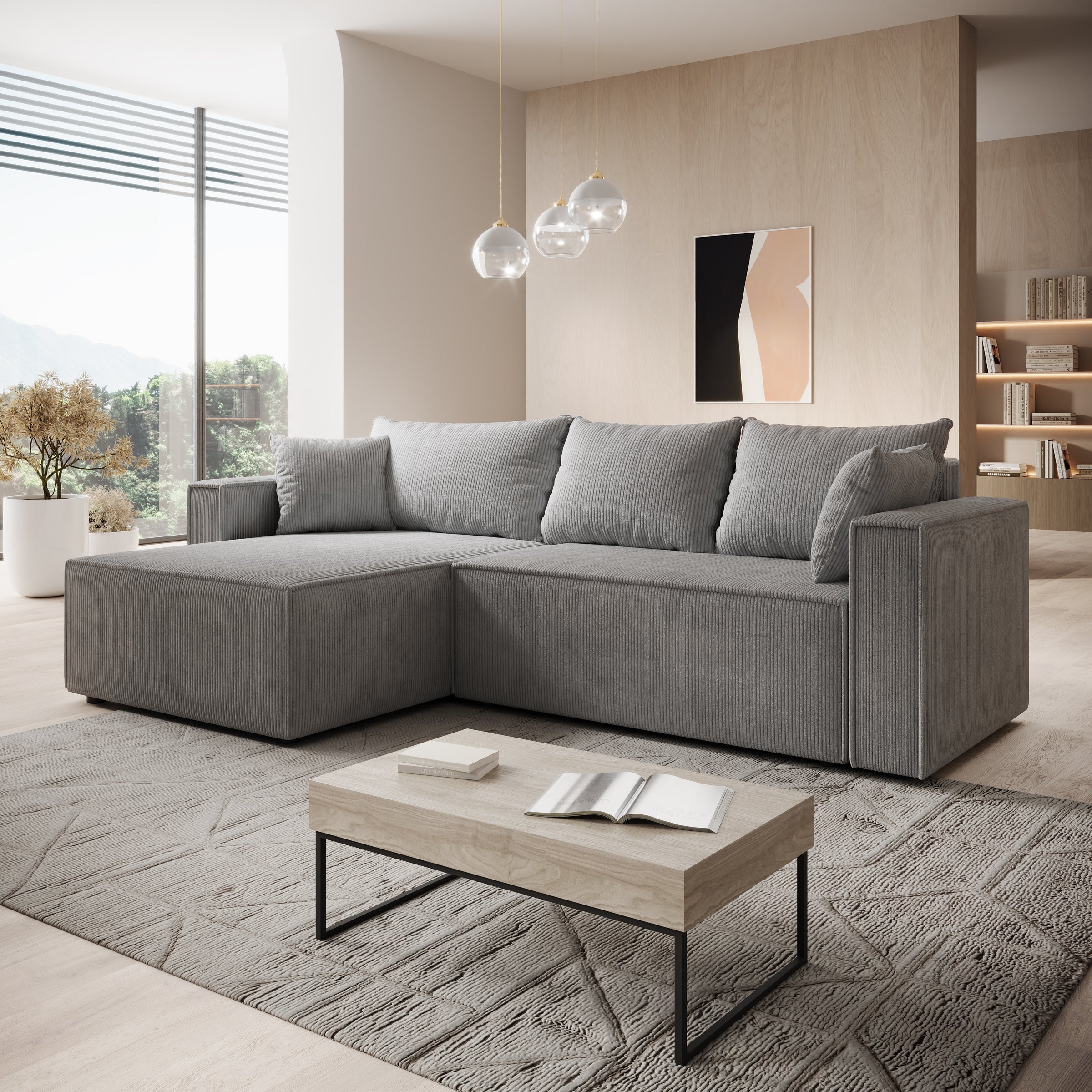 Lawrence - Hoekbank 3-zits met chaise longue - Ribstof grijs - Links