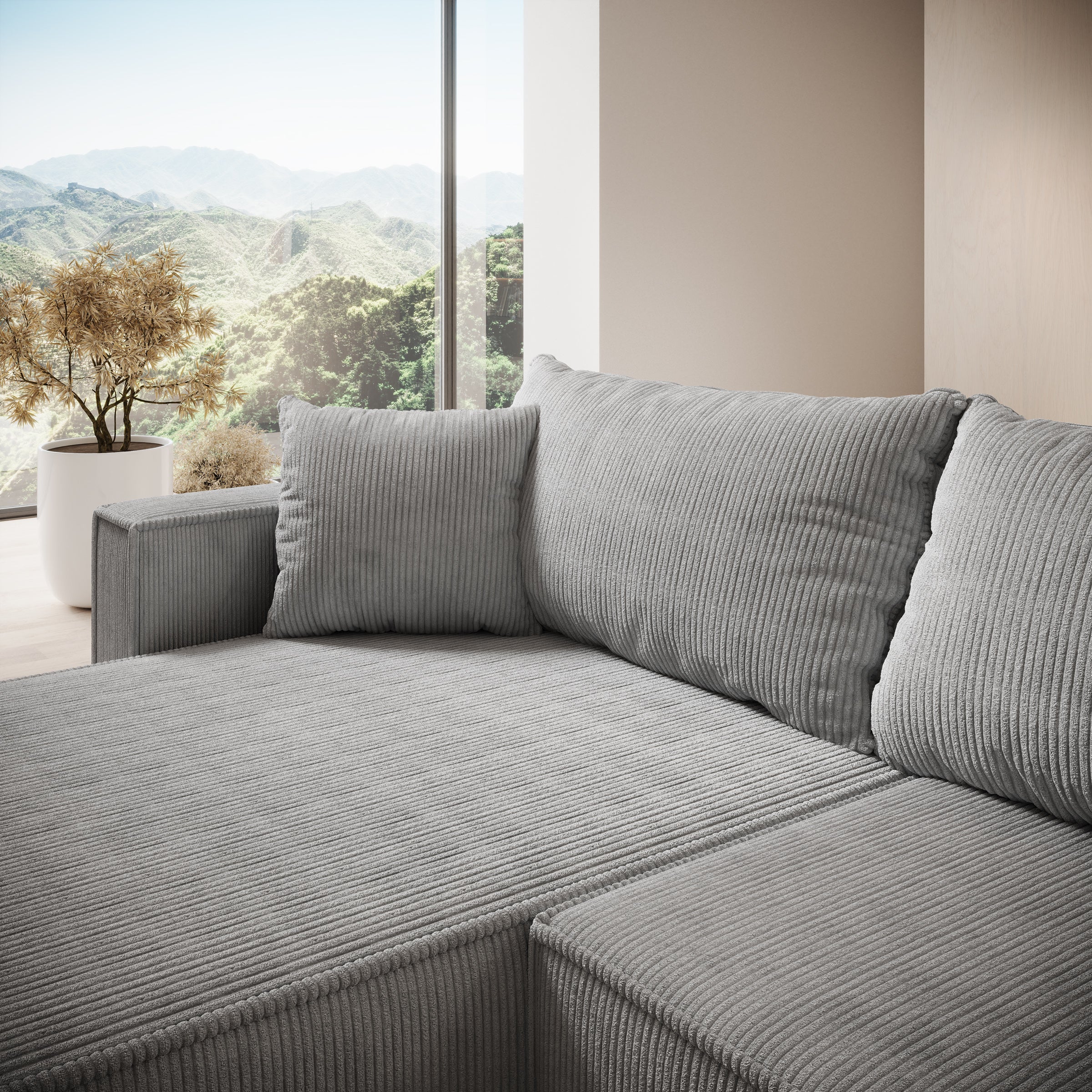 Lawrence - Hoekbank 3-zits met chaise longue - Ribstof grijs - Links