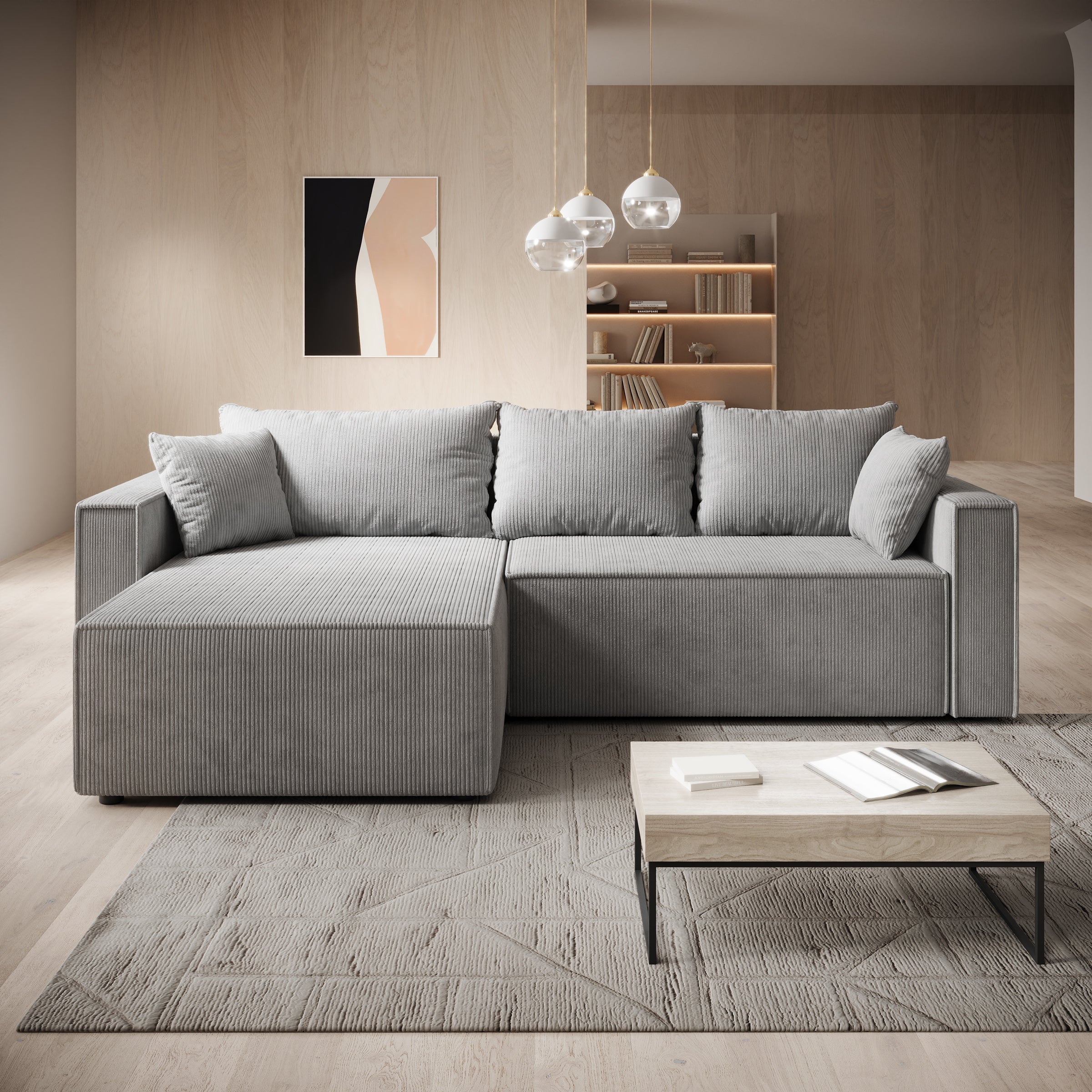 Lawrence - Hoekbank 3-zits met chaise longue - Ribstof grijs - Links