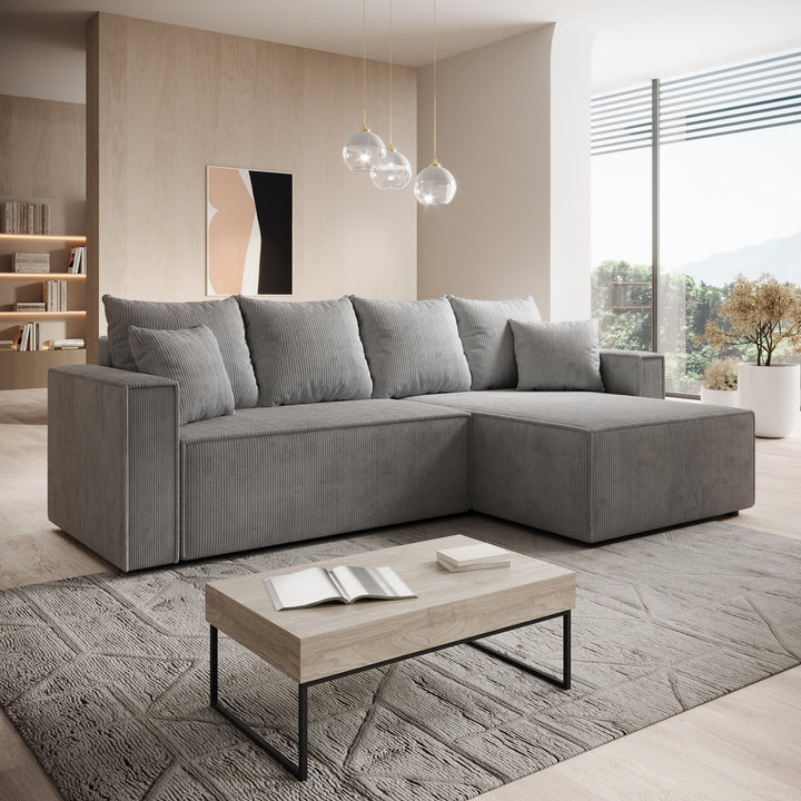 Lawrence - Hoekbank 3-zits met chaise longue - Ribstof grijs - Rechts