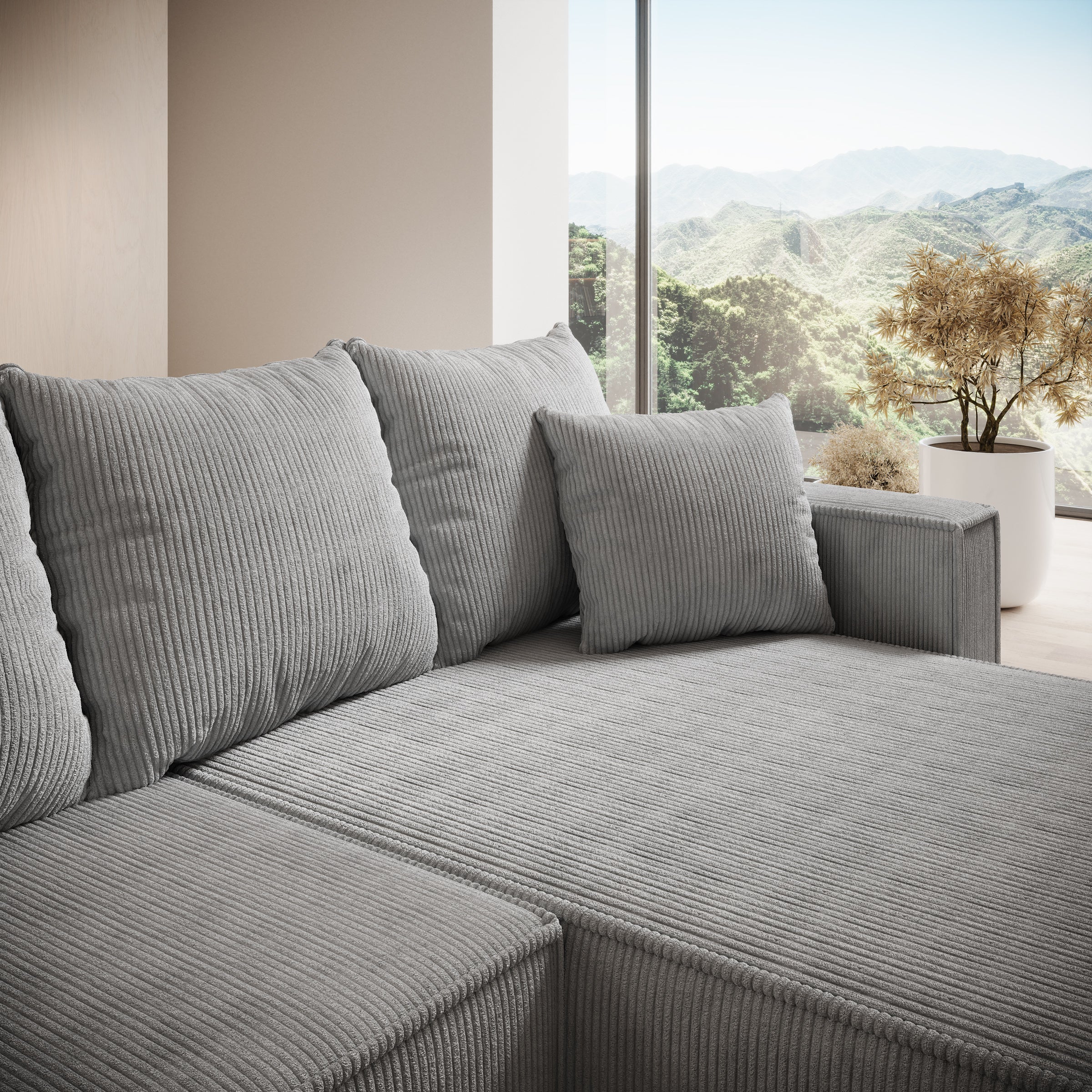 Lawrence - Hoekbank 3-zits met chaise longue - Ribstof grijs - Rechts