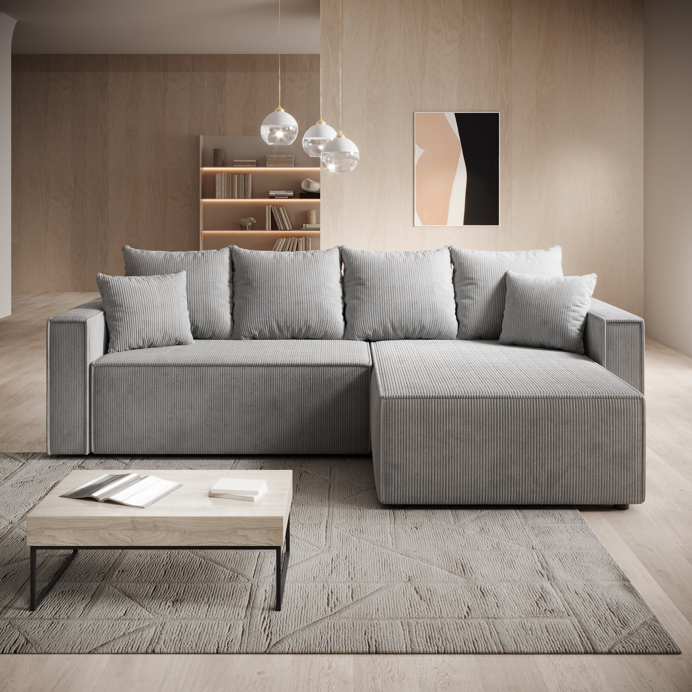 Lawrence - Hoekbank 3-zits met chaise longue - Ribstof grijs - Rechts