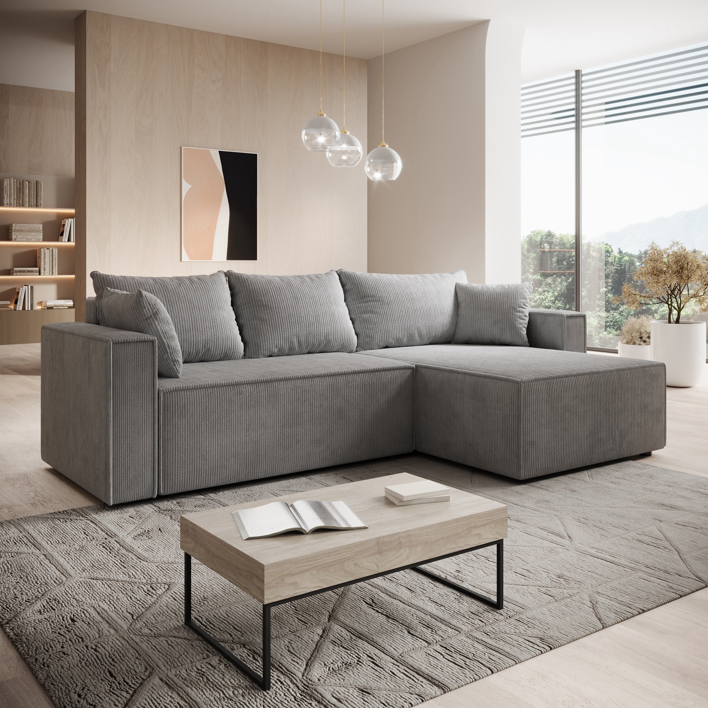 Lawrence - Hoekbank 3-zits met chaise longue - Ribstof grijs - Rechts