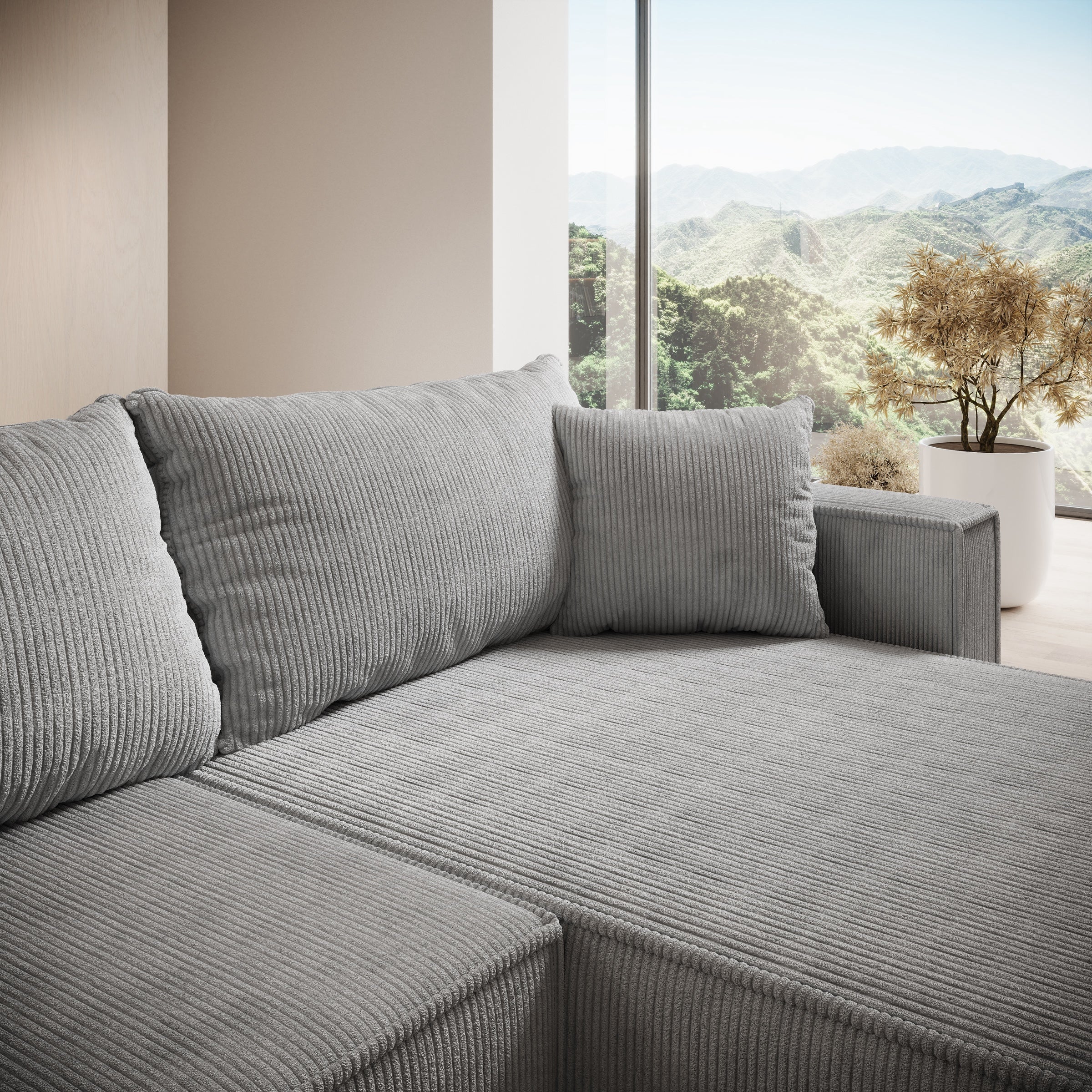 Lawrence - Hoekbank 3-zits met chaise longue - Ribstof grijs - Rechts