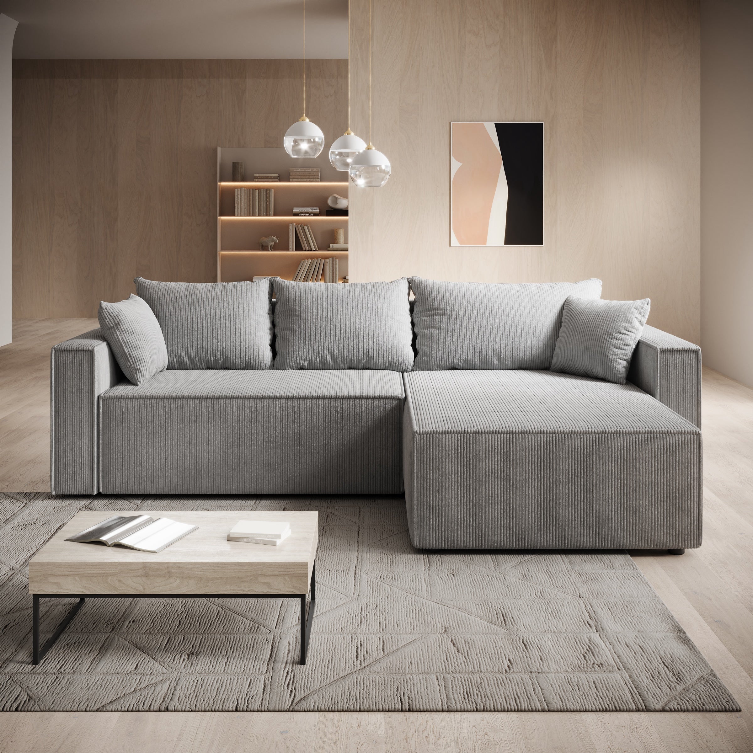 Lawrence - Hoekbank 3-zits met chaise longue - Ribstof grijs - Rechts