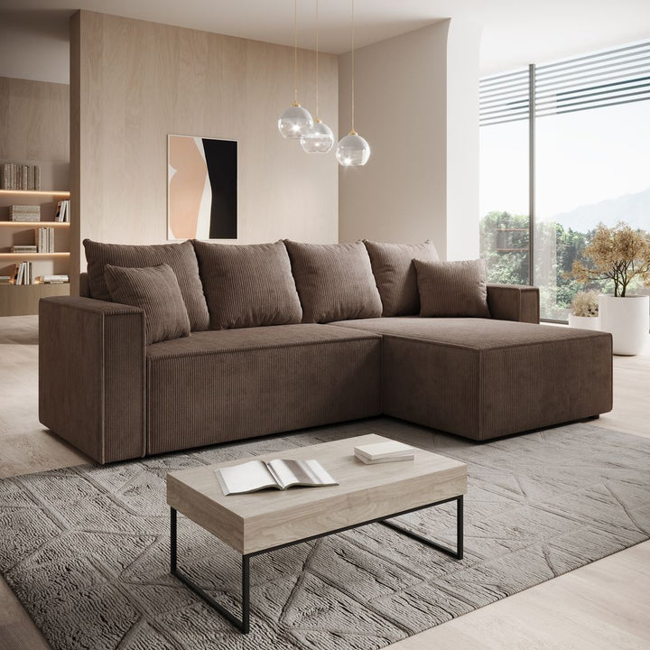 Lawrence - Hoekbank 3-zits met chaise longue - Ribstof bruin - Rechts
