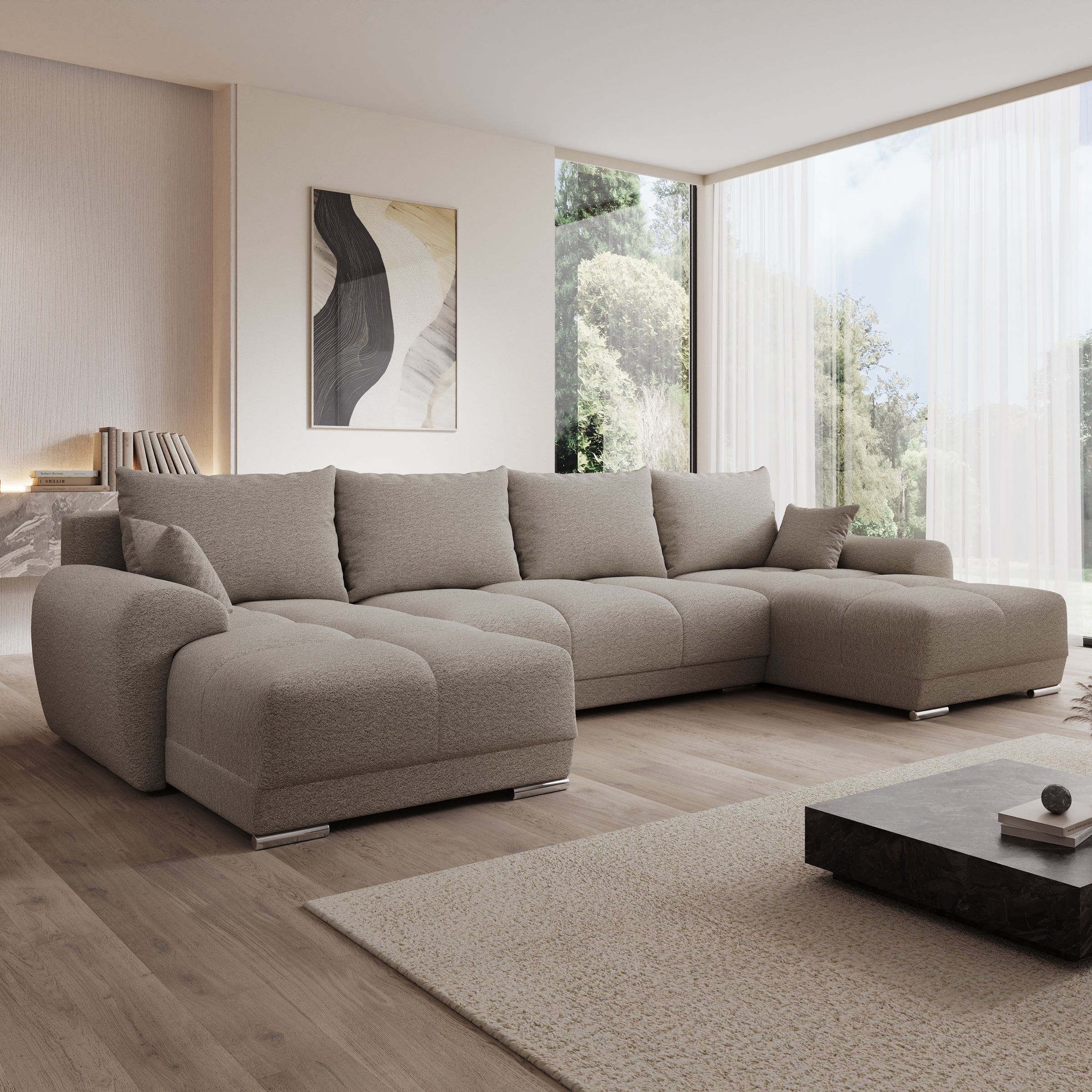 Layana U - Hoekbank 4-zits met chaise longue - Stof beige - Universeel