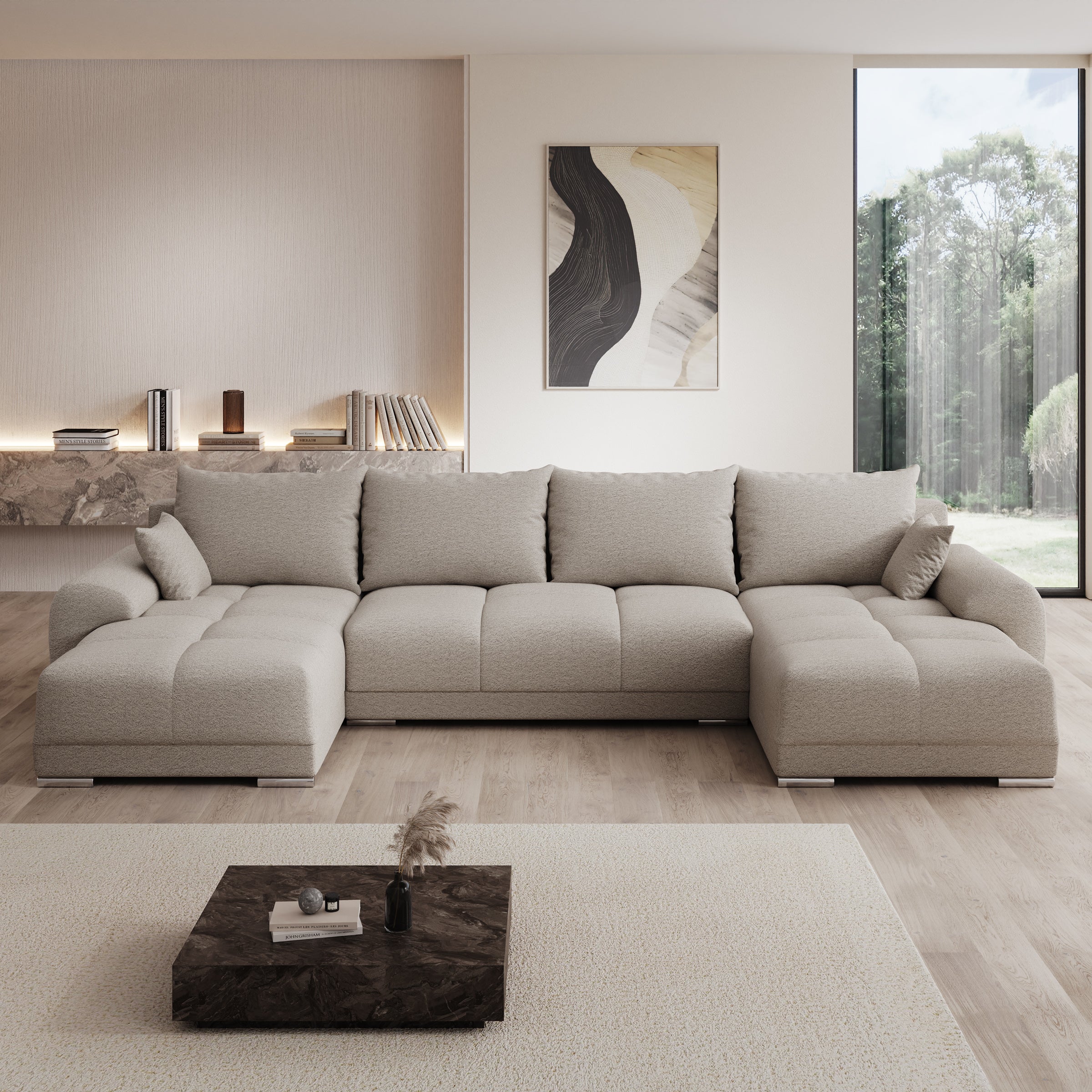 Layana U - Hoekbank 4-zits met chaise longue - Stof beige - Universeel