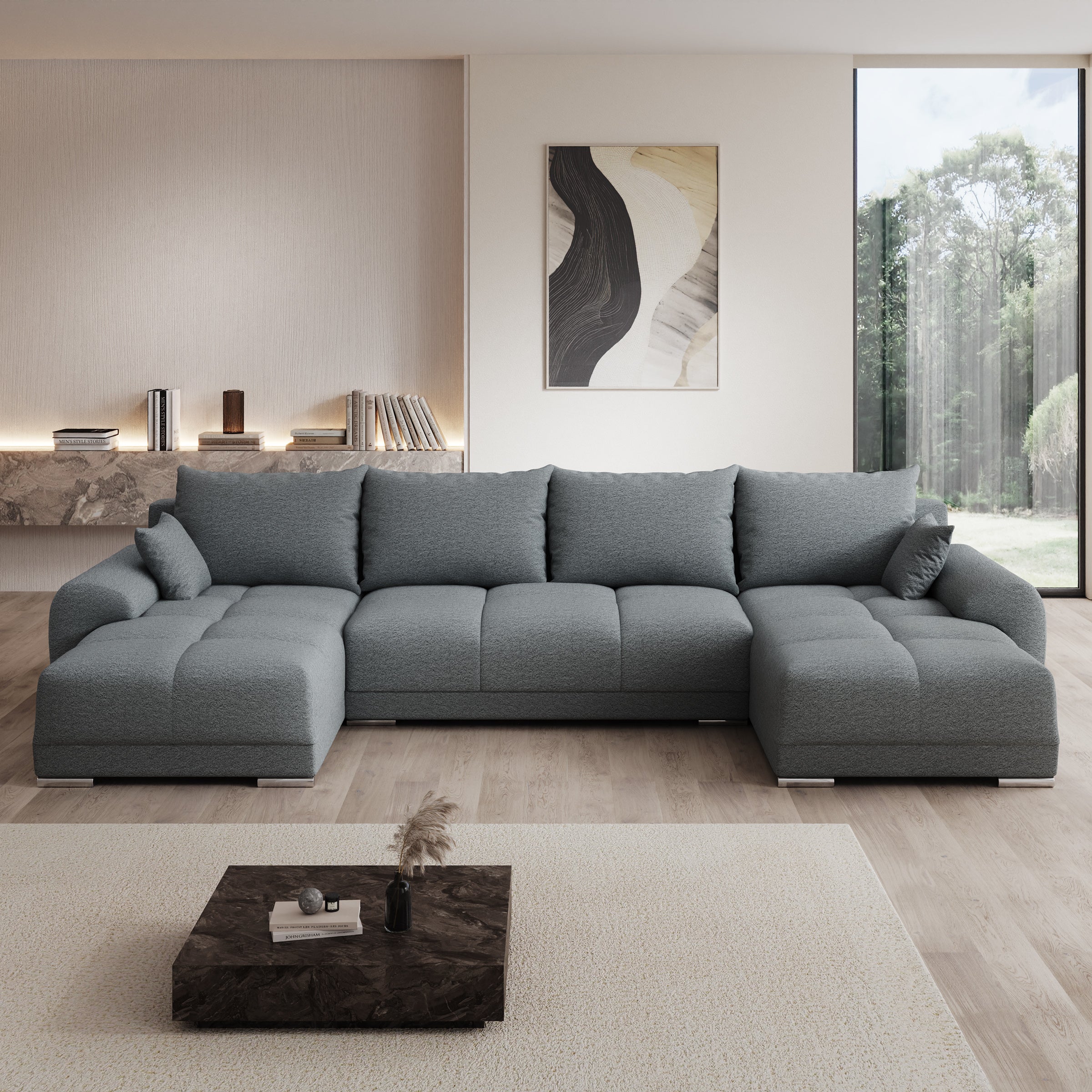 Layana U - Hoekbank 4-zits met chaise longue - Stof grijs - Universeel
