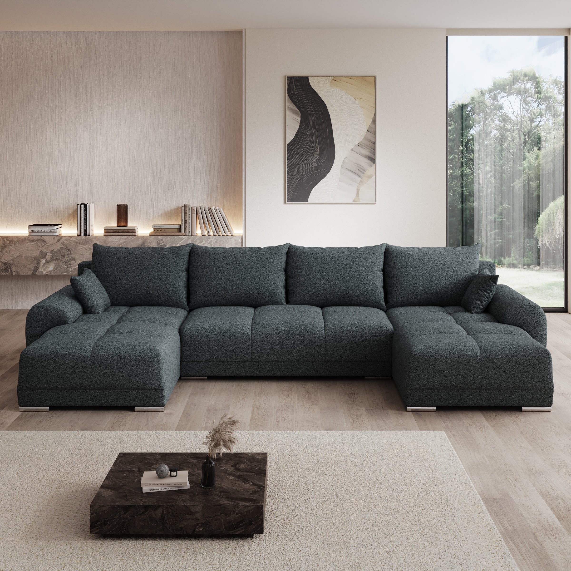 Layana U - Hoekbank 4-zits met chaise longue - Stof zwart - Universeel