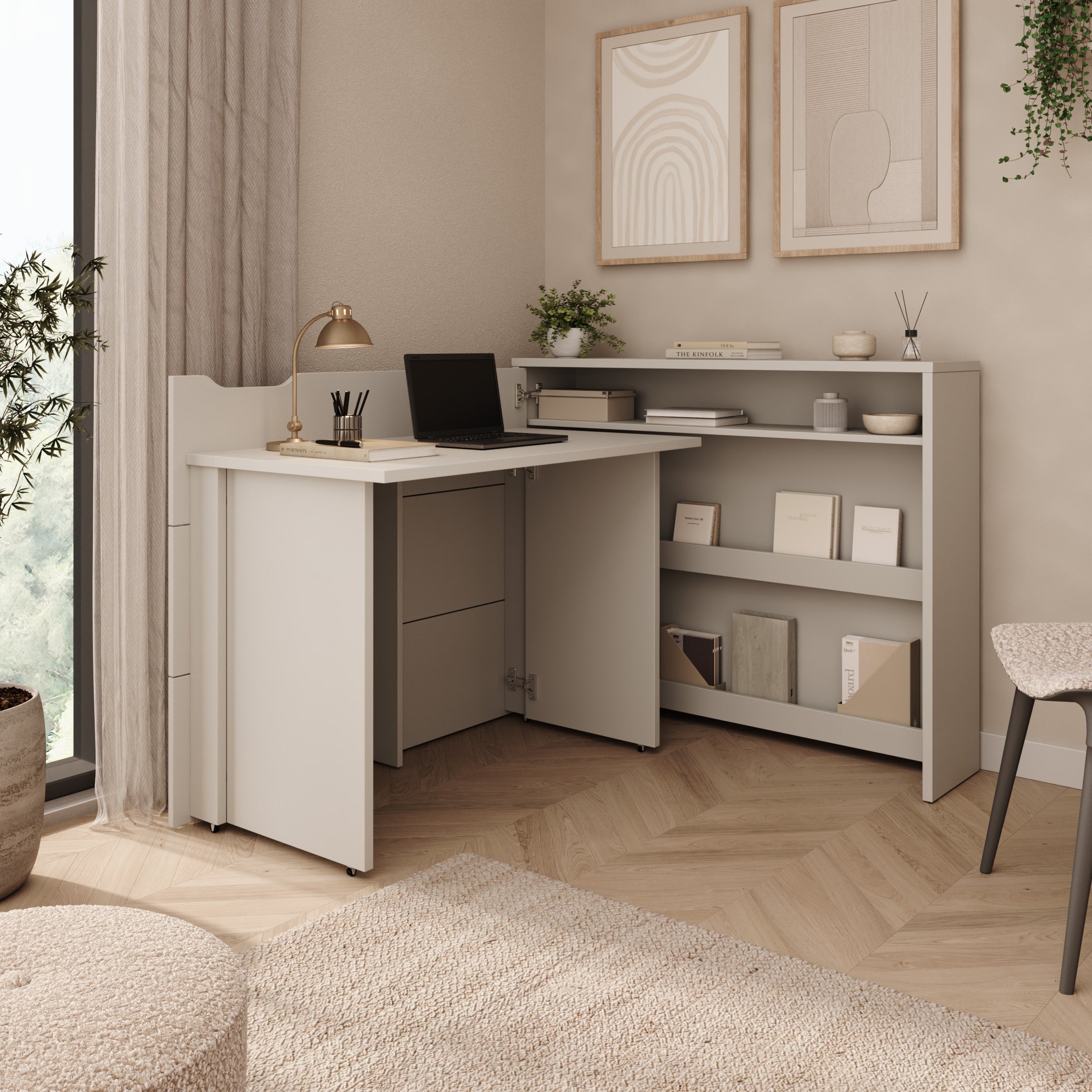 Lechi - Bureau links uitschuifbaar - Beige - 136x115x93 cm