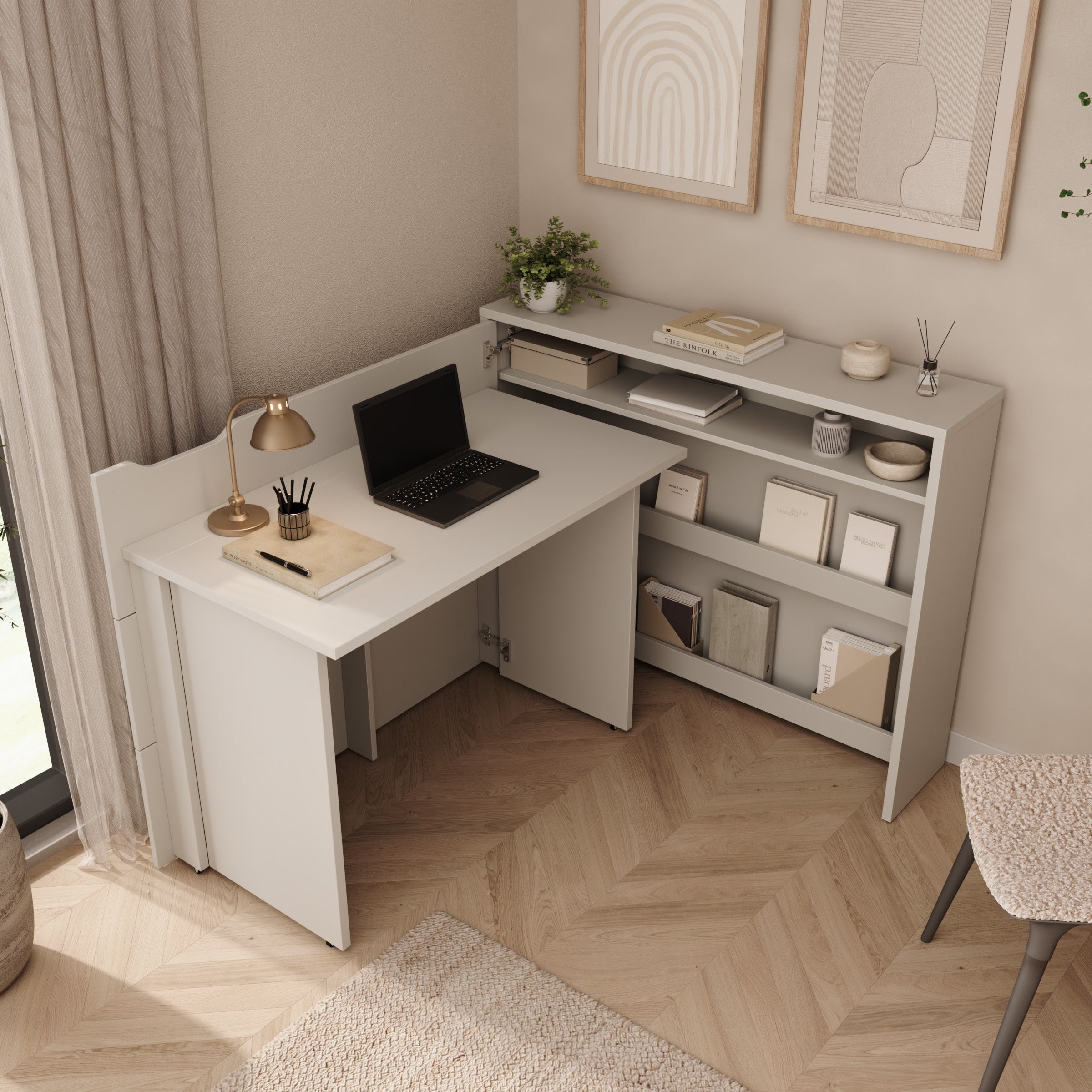 Lechi - Bureau links uitschuifbaar - Beige - 136x115x93 cm